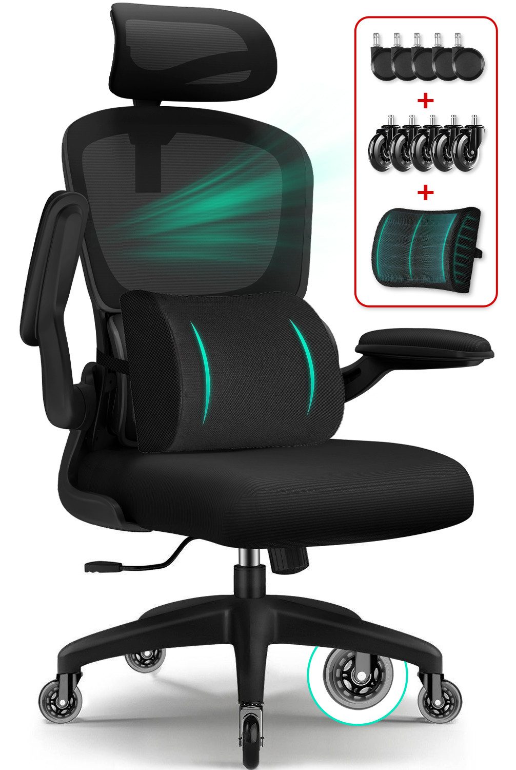 Fukstern Bürostuhl Ergonomischer Bürostuhl mit 90° klappbaren Armlehnen (Verstellbare Kopfstütze, atmungsaktiver Mesh-Bezug, Rücken- und Taillenstütze, Neigung fixierbar bei 90° (maximal kippbar bis 135), bis 150 kg belastbar