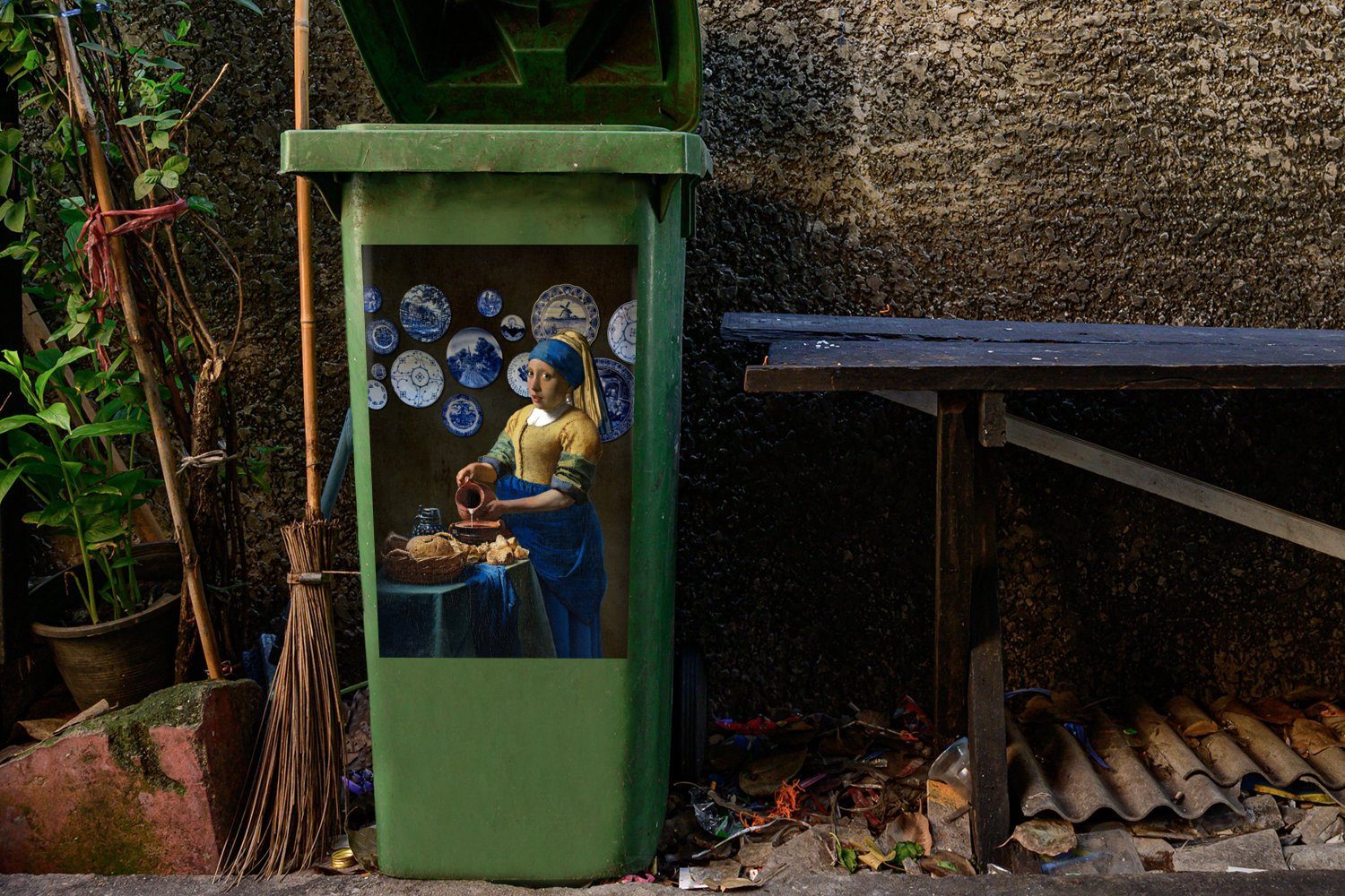 Wandsticker Vermeer Mülleimer-aufkleber, Mädchen - (1 Mülltonne, dem - Perlenohrring Milchmädchen Das Sticker, St), Abfalbehälter mit Container, MuchoWow