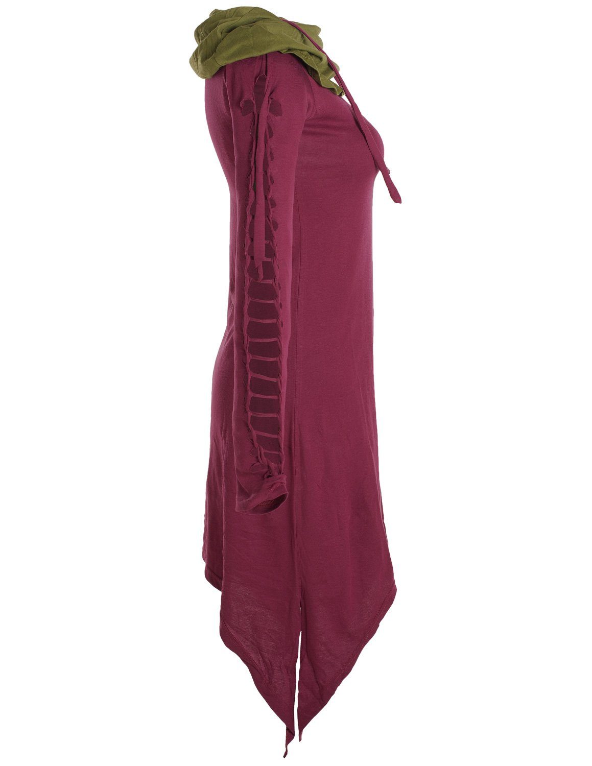 Kleid aus Boho, Ethne, Vishes Elfen Style langarm mit Zweifarbiges dunkelrot Goa, Biobaumwolle Schalkragen Zipfelkleid