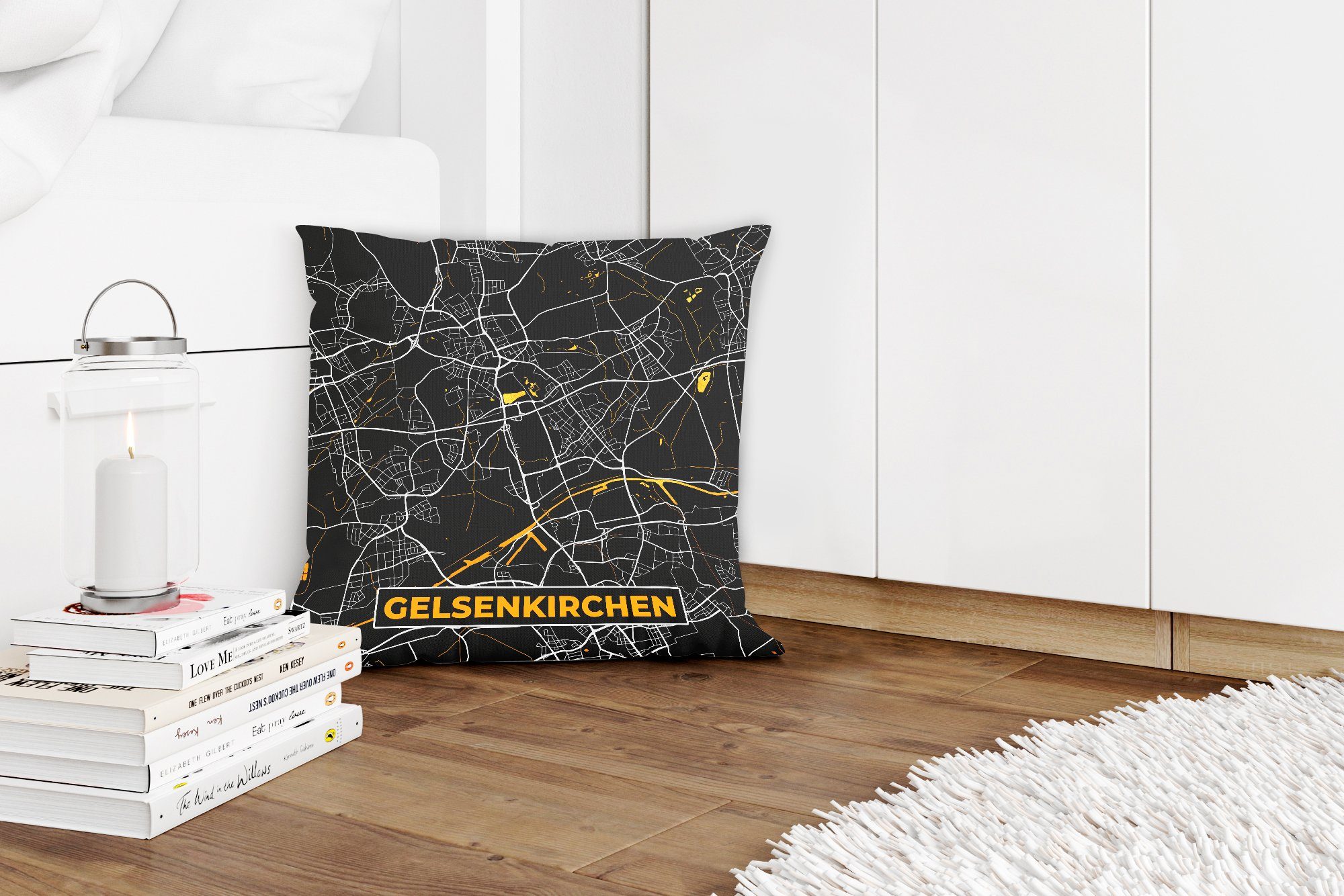 Gelsenkirchen Schlafzimmer, - - Sofakissen Zierkissen mit - Deutschland Deko, - Dekokissen Stadtplan, MuchoWow Karte Füllung Gold Wohzimmer, für