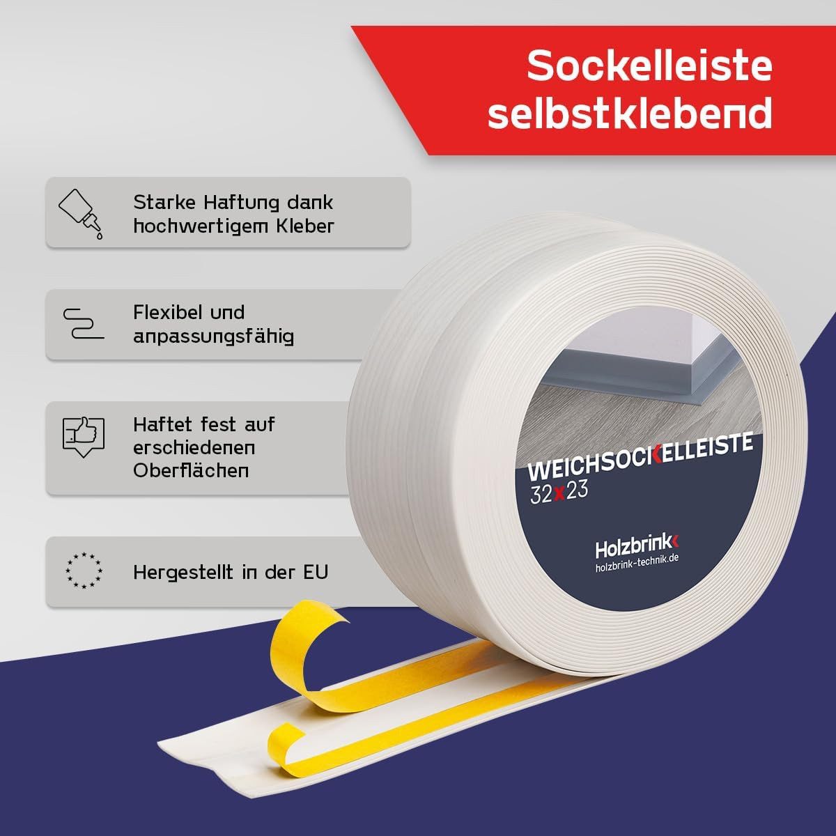 HOLZBRINK Sockelleiste PVC Weichsockelleiste selbstklebend 32x23mm Birke, L: 500 cm, 5m Rolle, Küchenabschlussleiste Arbeitsplatte, Fensterleiste, Fensterabdichtung