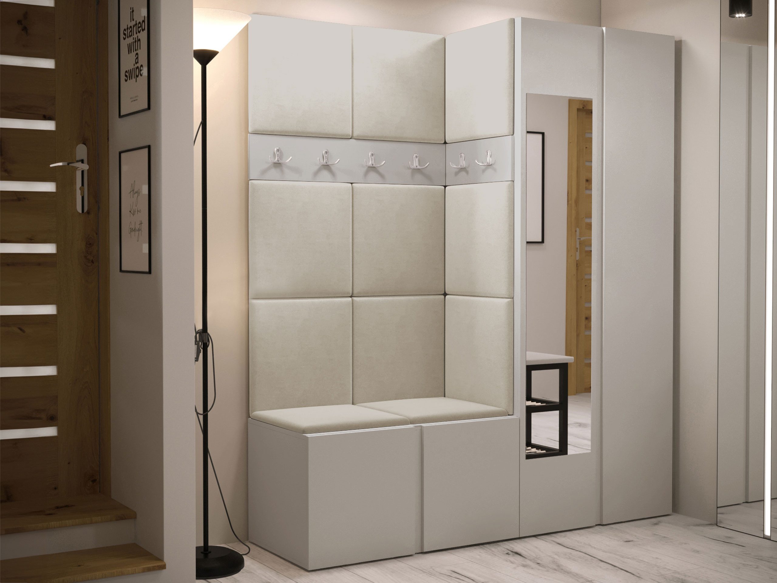 MIRJAN24 Garderoben-Set Orion XII, (Komplett-Set, Schrank, Schrank mit Spiegel, 2x Kleiderhaken, Paneel 11x 42x42), Auswahl aus Fronten und Polsterplatten