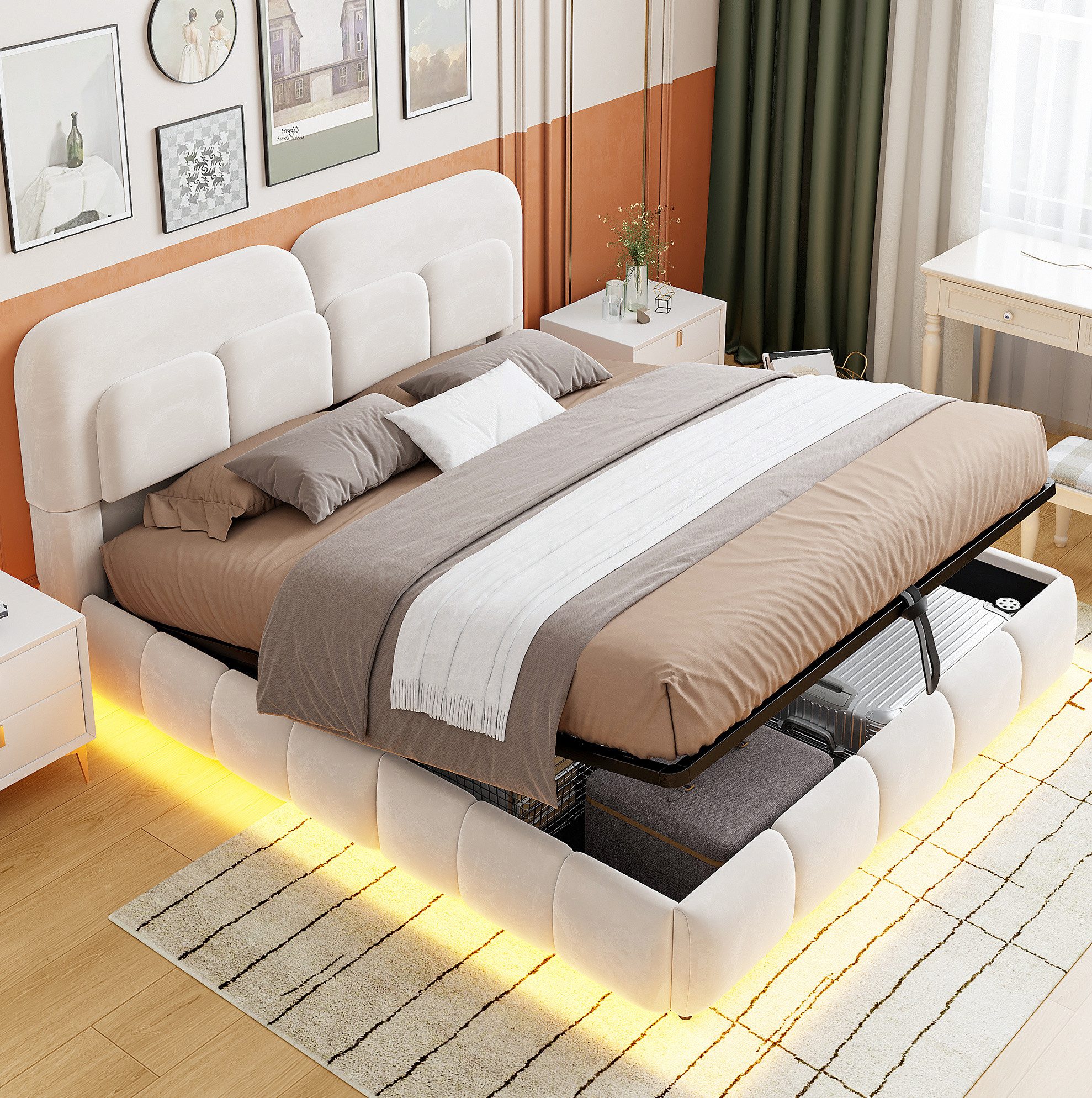MODFU Polsterbett Samt-Doppelbett, LED-Beleuchtung und praktischem Hebemechanismus (140x200 cm Stauraumbett mit großem Bettkasten, Funktionsbett Kinderbett), ohne Matratze