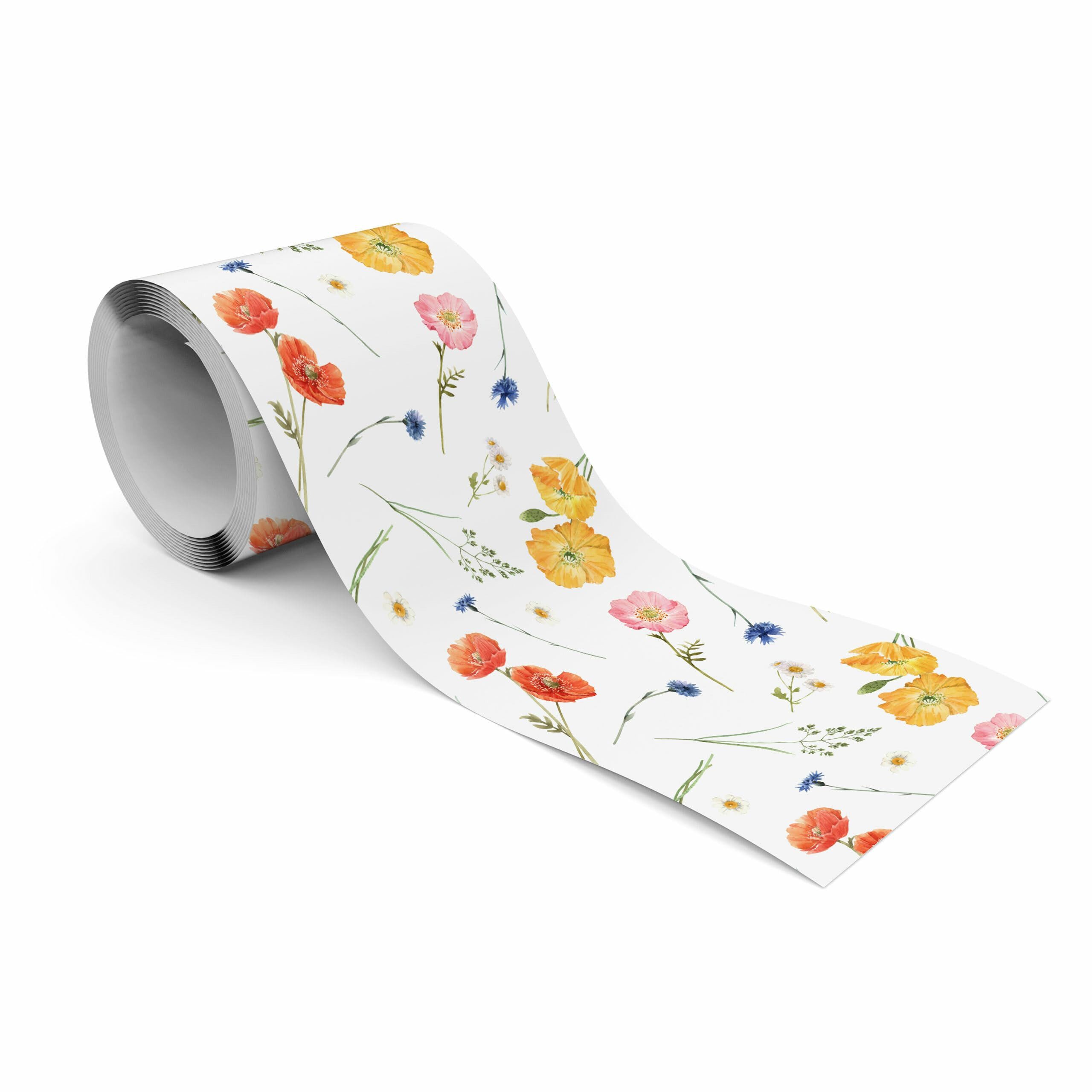 Muralo Bordüre Wandbordüre selbstklebend Blumen – Tapetenbordüre Wohnzimmer, floral, Mohnblumen in Orange und Gelb auf Weiß, 10 x 300 cm, abwischbar