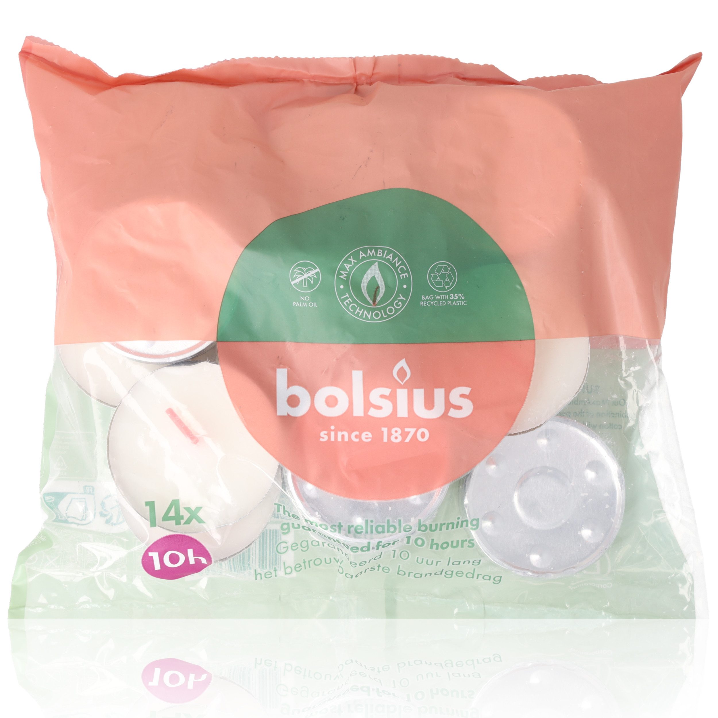 Bolsius Teelicht Bolsius Teelichte Maxi 10 Stunden Brenndauer 14 Stück (Baumwolldocht, 14-tlg., qualmen / tropfen nicht), palmölfrei aus pflanzlichem Wachs