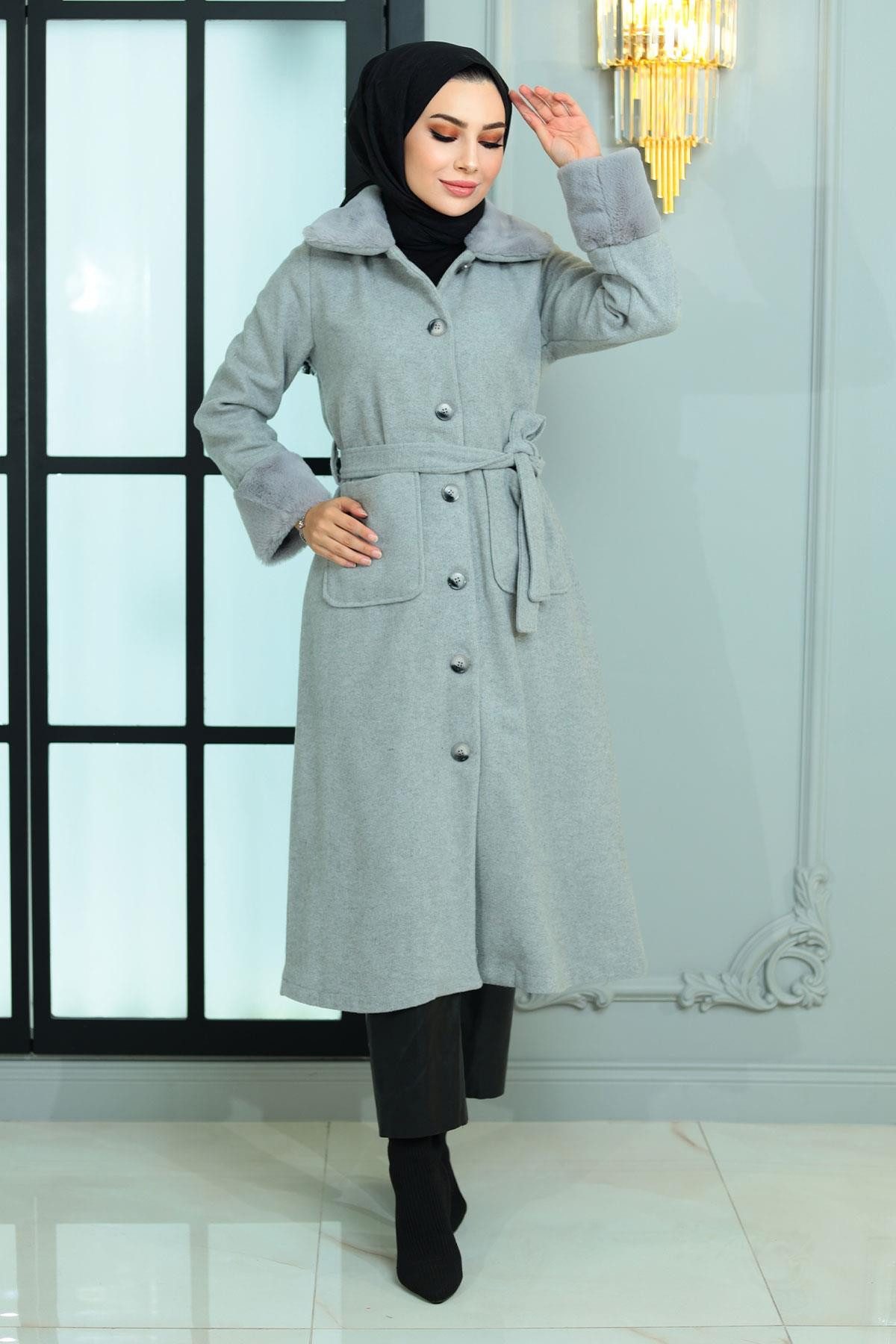 MODAMİHRAM Wintermantel Pelz Detail Wollmantel Beige günstig online kaufen