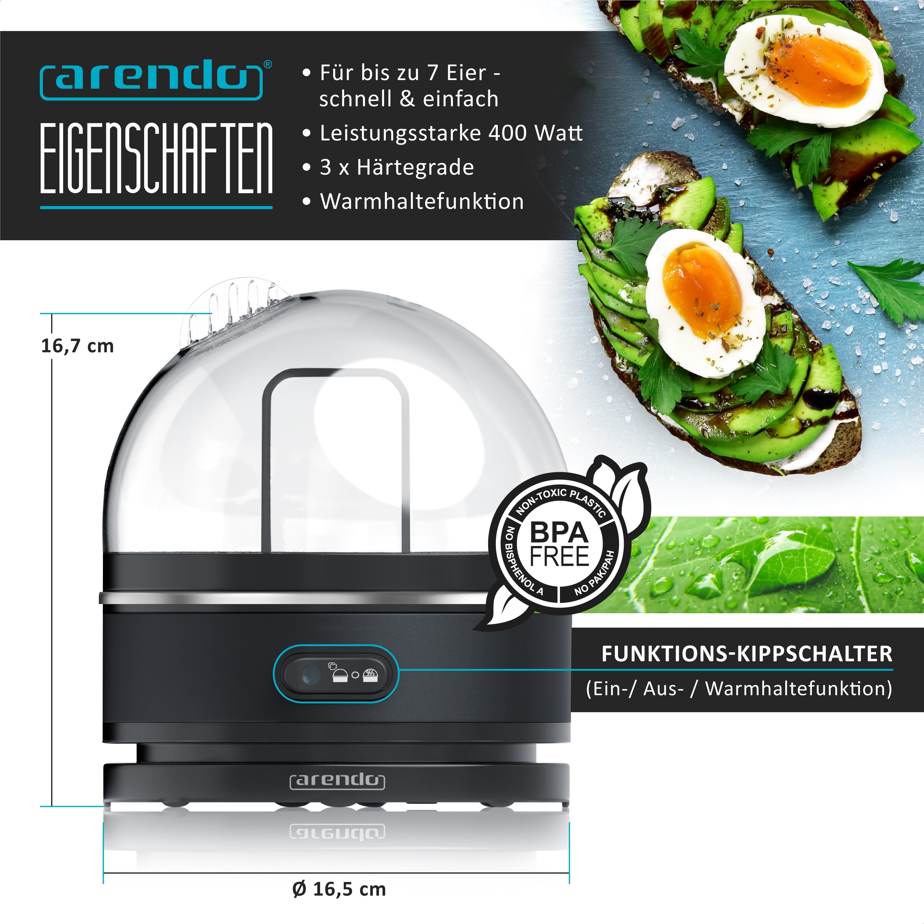Arendo Eierkocher, Anzahl Eier: 7 St., 400 W, 7-fach, Edelstahl, Warmhaltefunktion, Härtegrad einstellbar für 7 Eier