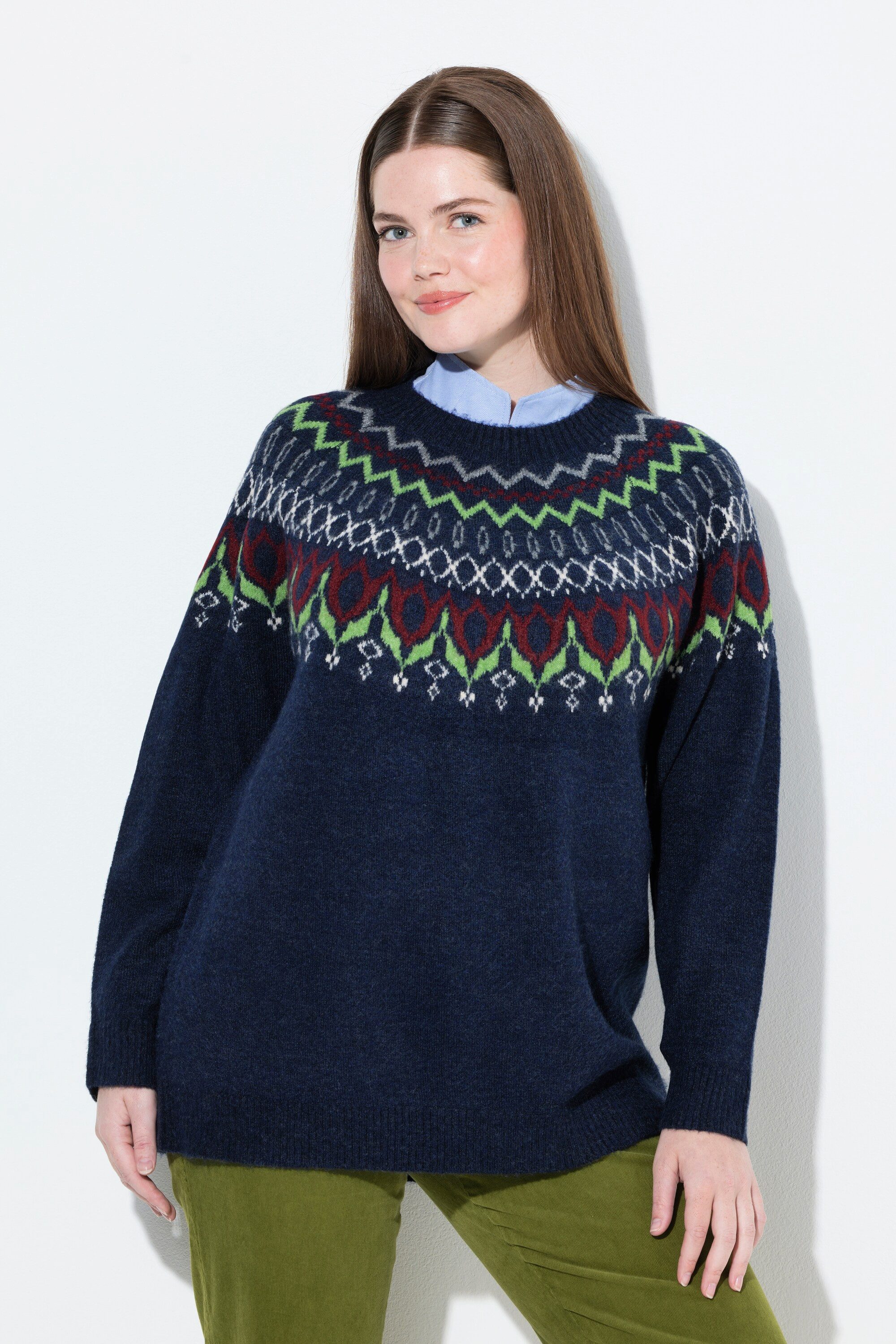 Ulla Popken Strickpullover Norweger-Pullover Rundhalsausschnitt Langarm günstig online kaufen
