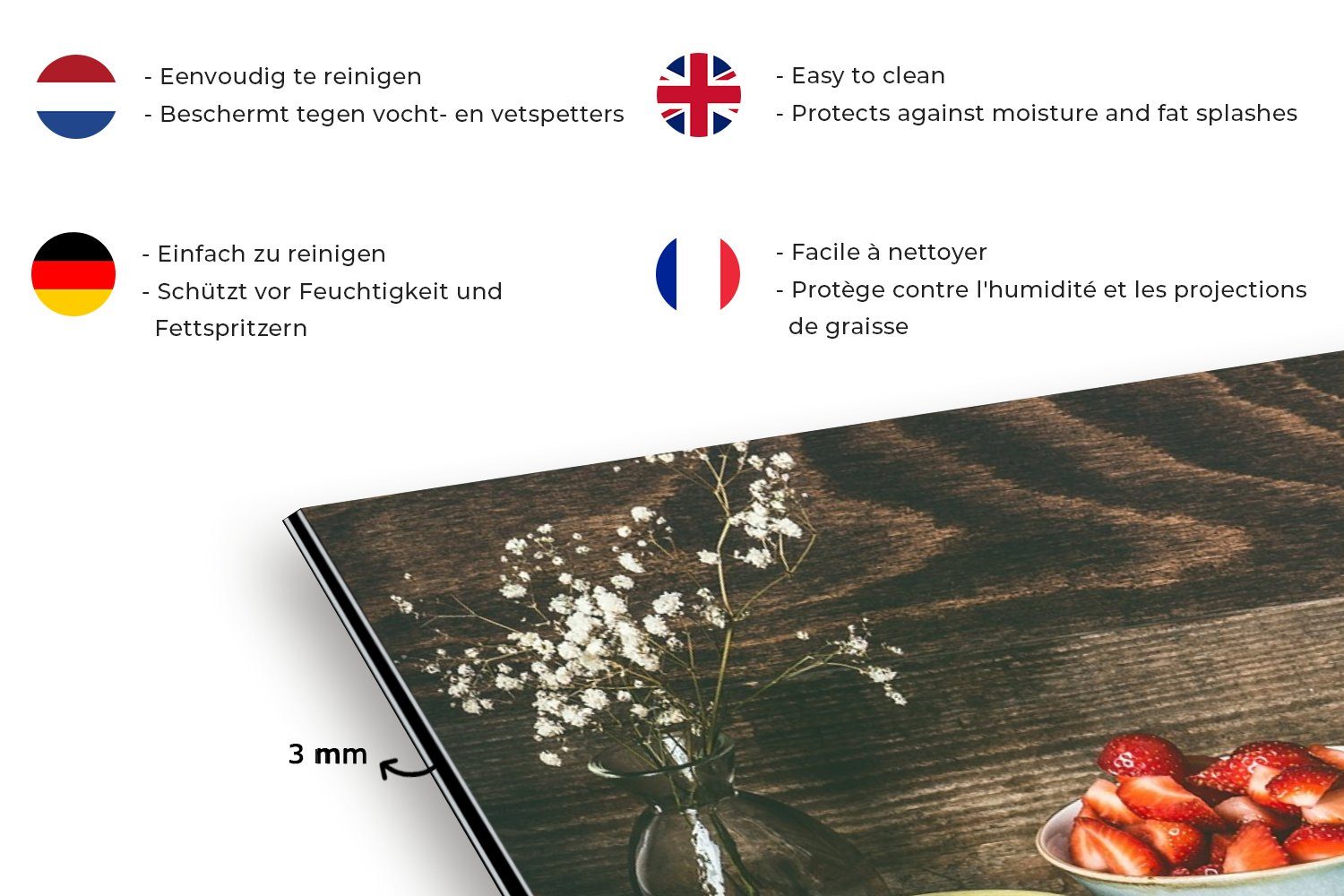 Küchenutensilien gegen 60x30 Erdbeere, Rustikal Obst und - Fett für - Küchen Wandschutz, - Küchenrückwand (1-tlg), MuchoWow cm, Schmutzflecken
