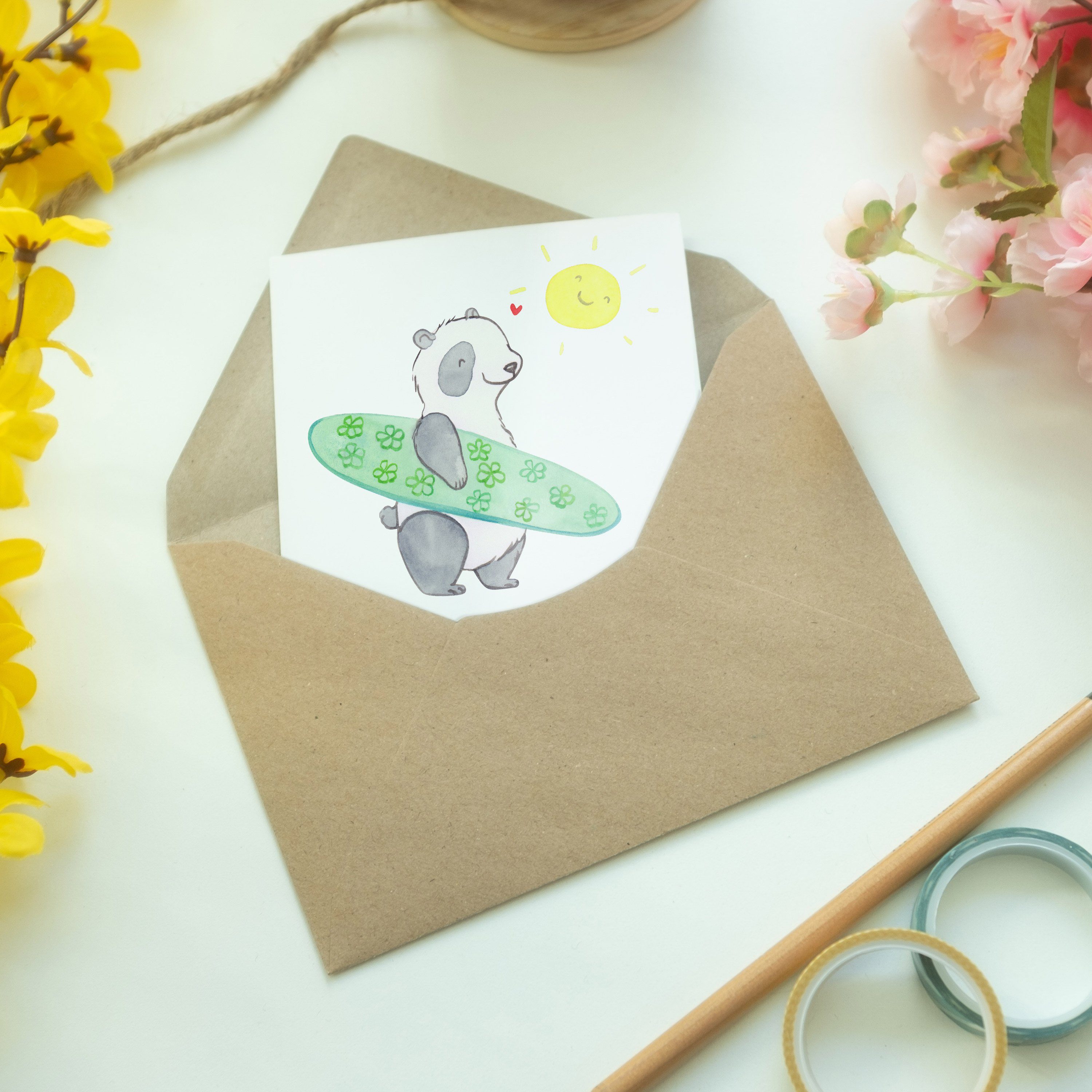 Mr. & Mrs. Panda - Weiß Grußkarte Geschenk, Glück Einladungskarte, Panda Medizin - Surfen Karte