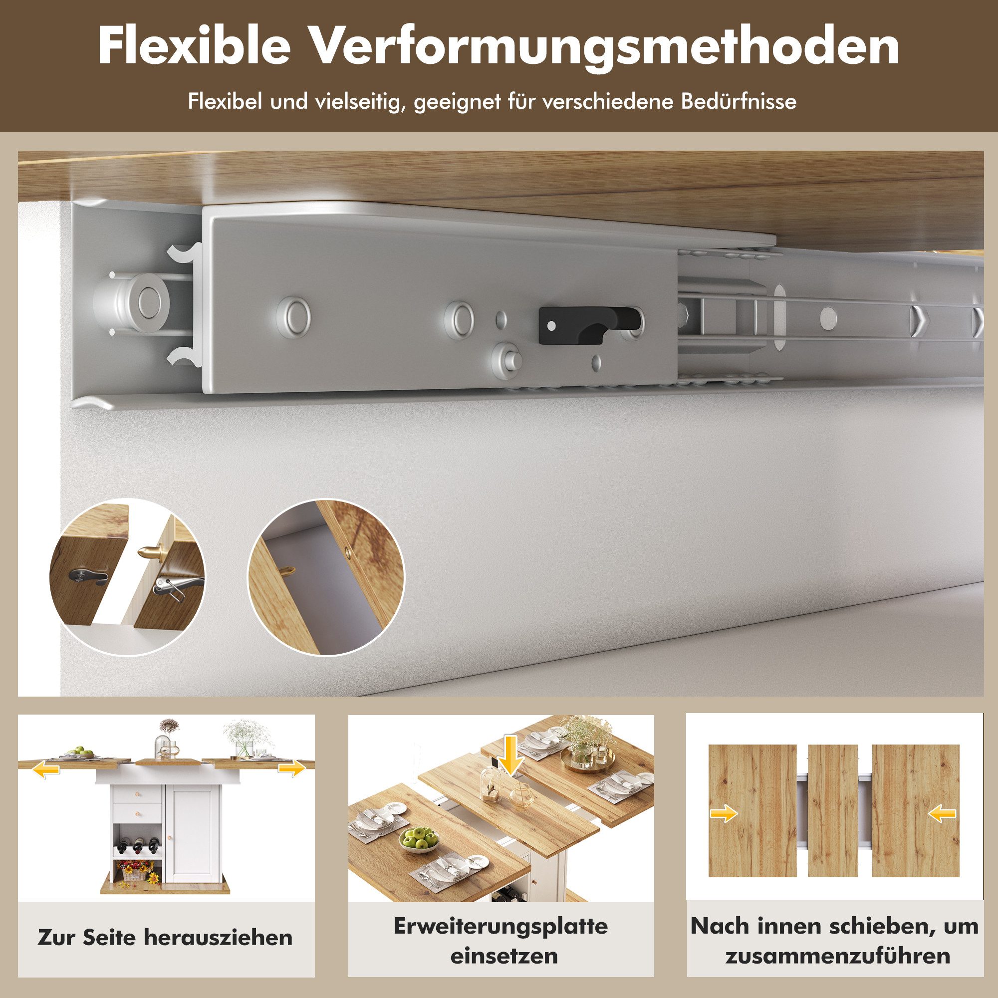 i@home Esstisch Teleskoptisch, ausziehbarer Küchentisch (110-140×80cm) (1 Esstisch), Tisch mit Snackregal und Weinregal, weiß/schwarz