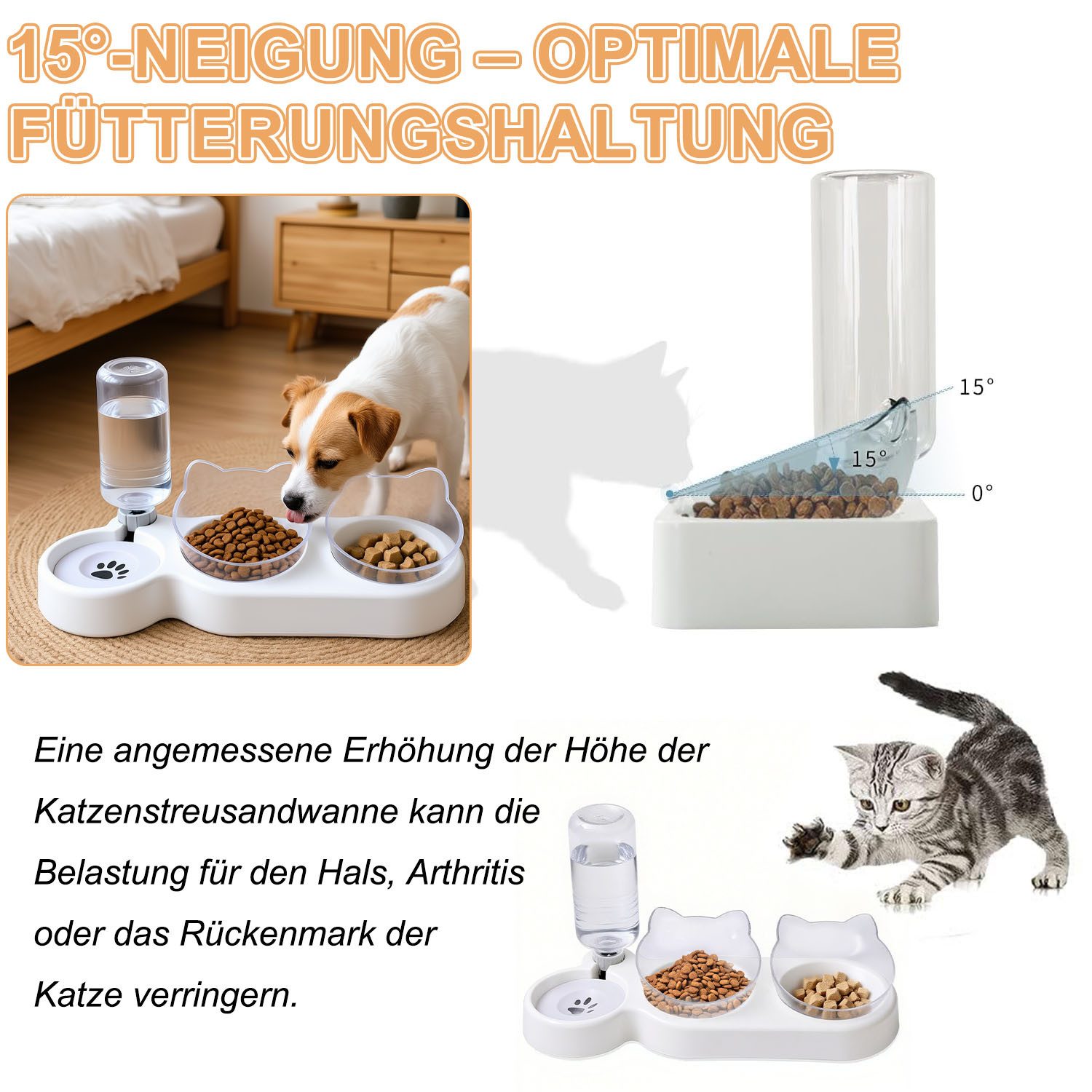 SURFOU Napf-Set 3-in-1 Katze Futternapf und Wassernapf Katzennapf mit Wasserspender, Ständer Erhöhter Futternapf für Katzen Doppelfressnapf Futterschüssel