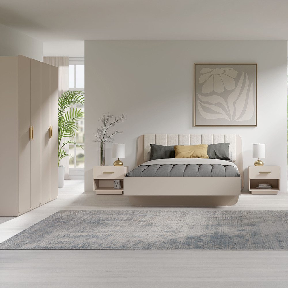 Lomadox Schlafzimmer-Set LOUSADA-166, (Spar-Set, 4-tlg., Bettgestell Kleiderschrank Nachttische), in beige, 180x200cm Liegefläche, Kopfteilpolster & Lattenrost