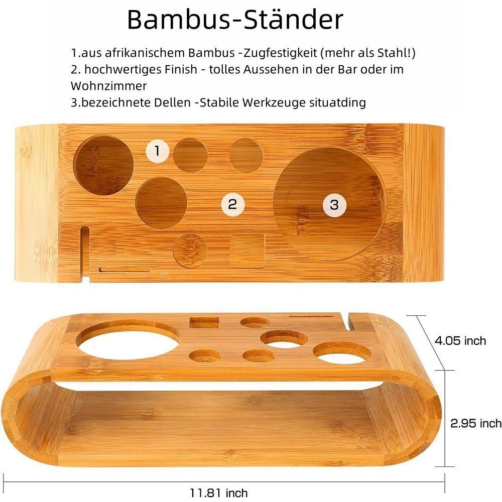 Rhein Beleuchtung Cocktail-Set Cocktail-Shaker Cocktail-Set mit Bambus-Ständer (10-teilig), (Set, 10-tlg., coktailshakerset, cocktail zubehör, bar zubehör), Langlebig, rostbeständig und leicht zu reinigen
