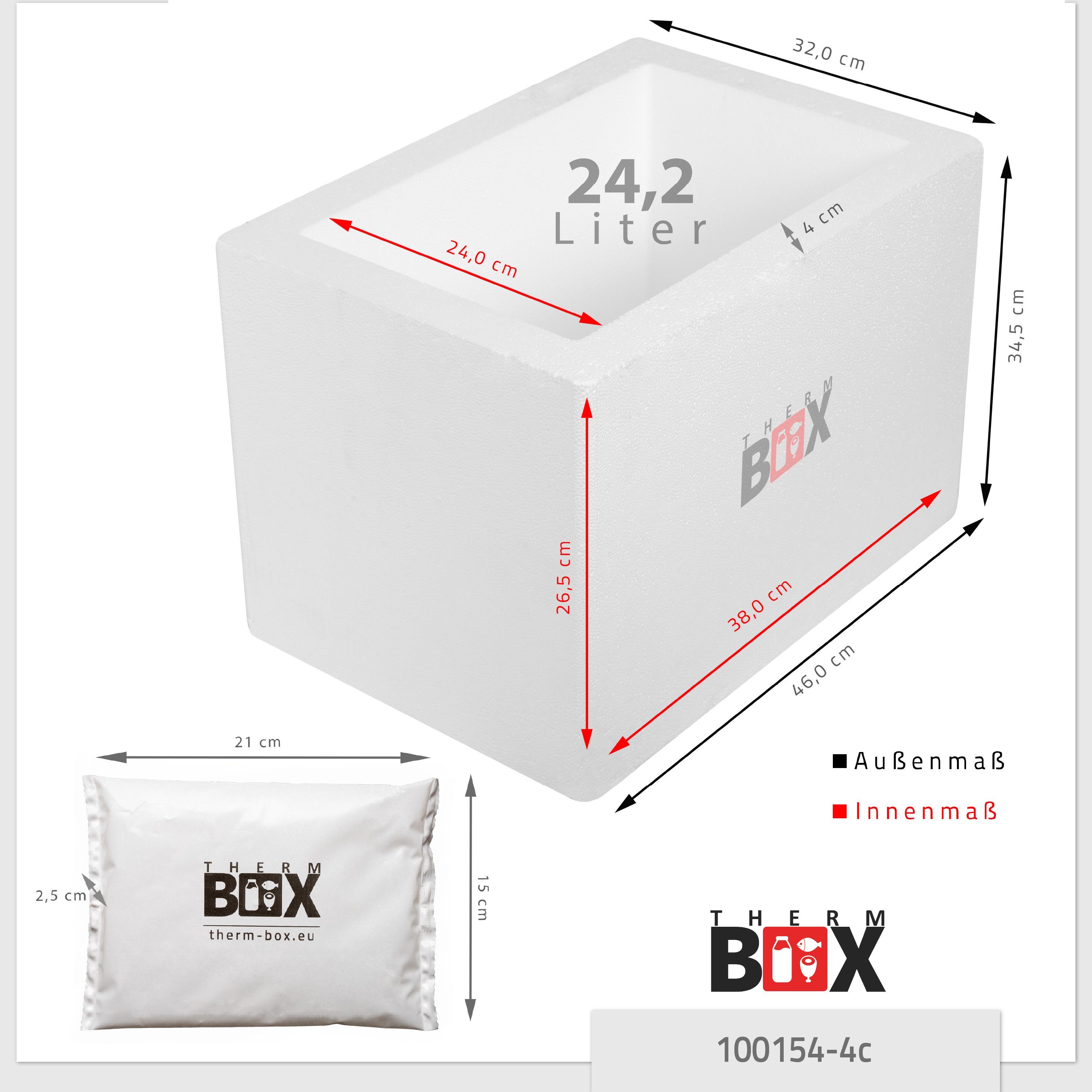 THERM-BOX Thermobehälter Styroporbox 24W 4 Kühlkissen, 24,2L mit für (0-tlg., Thermbox Styropor-Verdichtet, mit Transportbox Kühlkissen), 38x24x26cm Innen: Kühlbox Thermobehälter