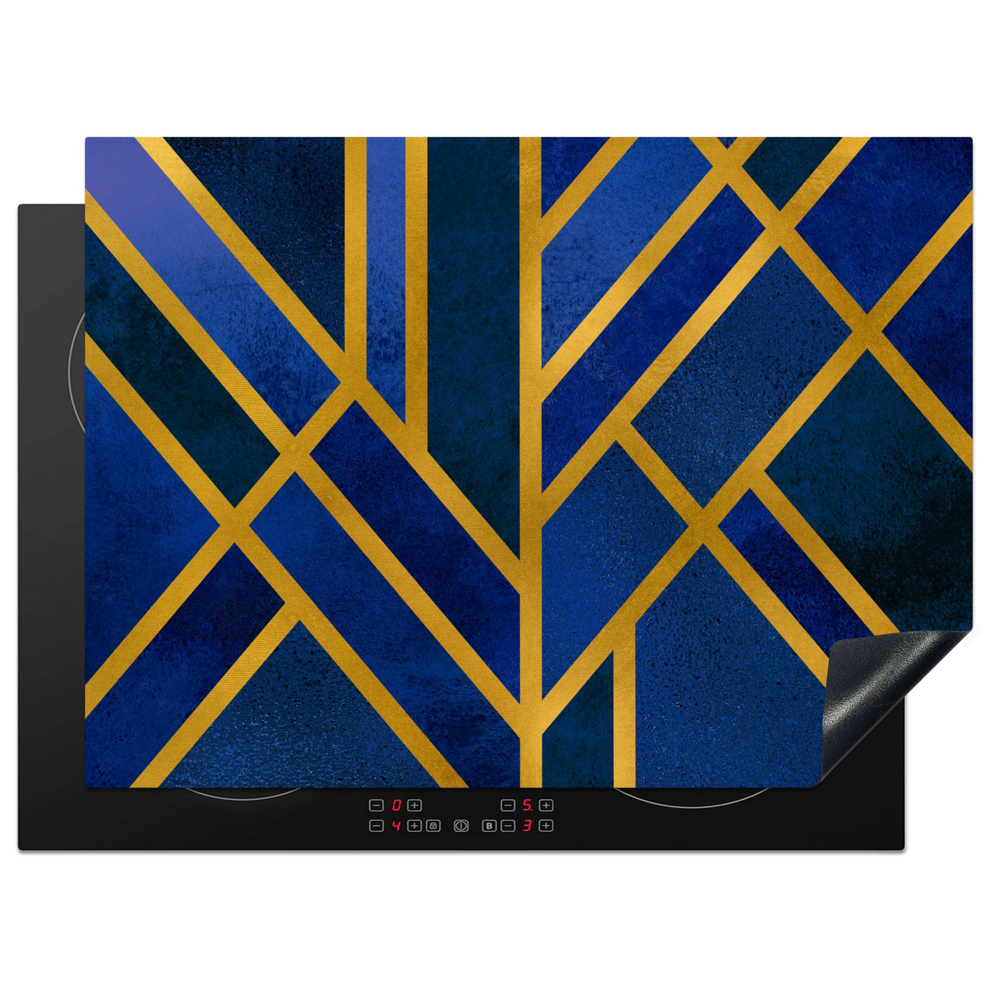 MuchoWow Herdblende-/Abdeckplatte Gold - Blau - Muster - Luxus, Vinyl, (1 tlg), 71x52 cm, Induktionskochfeld Schutz für die küche, Ceranfeldabdeckung