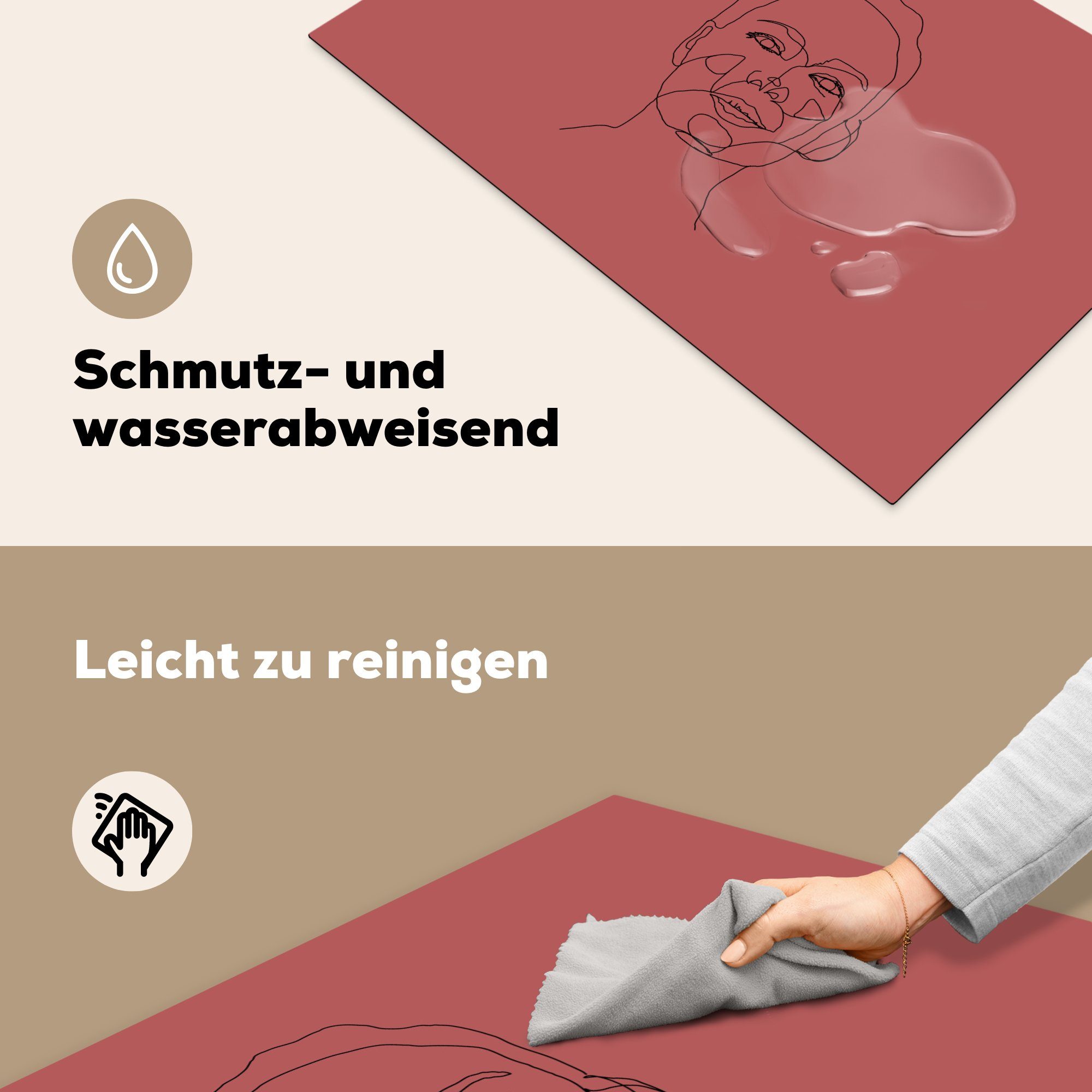 MuchoWow küche, 81x52 Schutz (1 Herdblende-/Abdeckplatte - die Vinyl, Strichzeichnungen für - cm, tlg), Frauen Gesicht, Induktionskochfeld Ceranfeldabdeckung