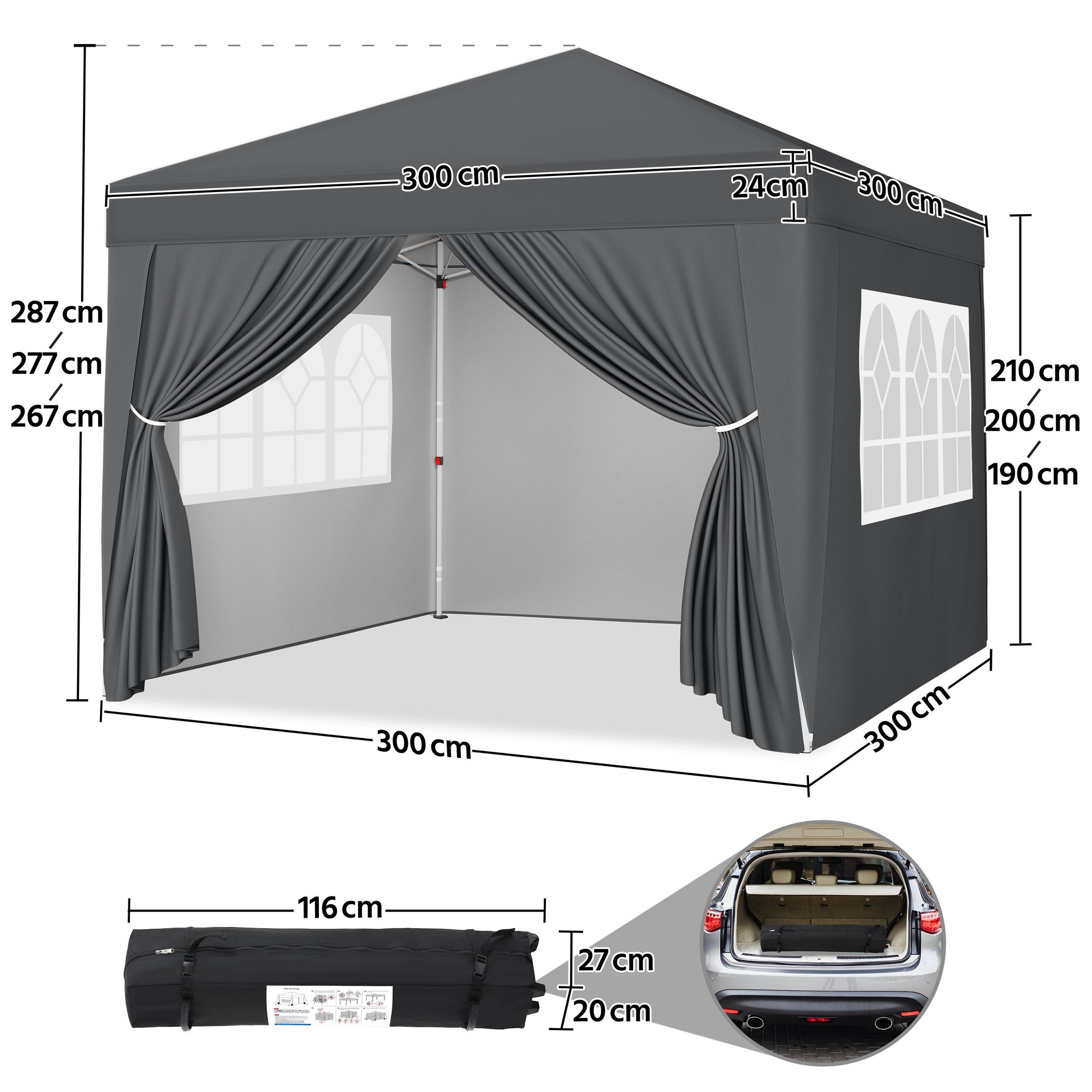 Yaheetech Faltpavillon 3 × 3 m Faltzelt mit 4 Seitenwänden und 2 Intergriterten Fenstern, mit 4 Seitenteilen, Gartenpavillon mit Tragtasche auf Rollen Campingze – Bild 4 von 5