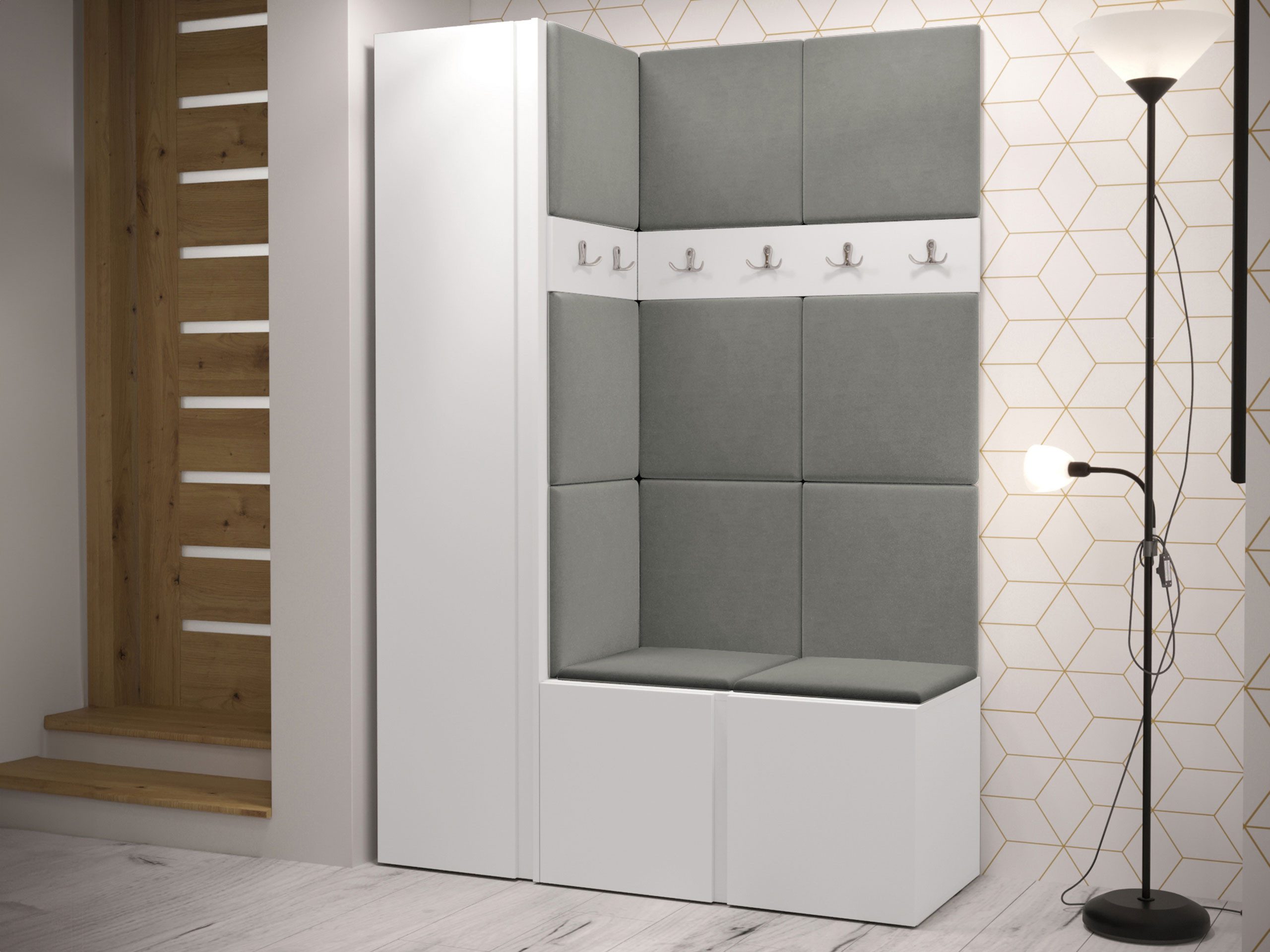 MIRJAN24 Garderoben-Set Orion IX, (Komplett-Set, mit Schuhschrank, Schrank, 2x Kleiderhakenbrett, Paneel 11x 42x42), Auswahl aus Fronten und Polsterplatten