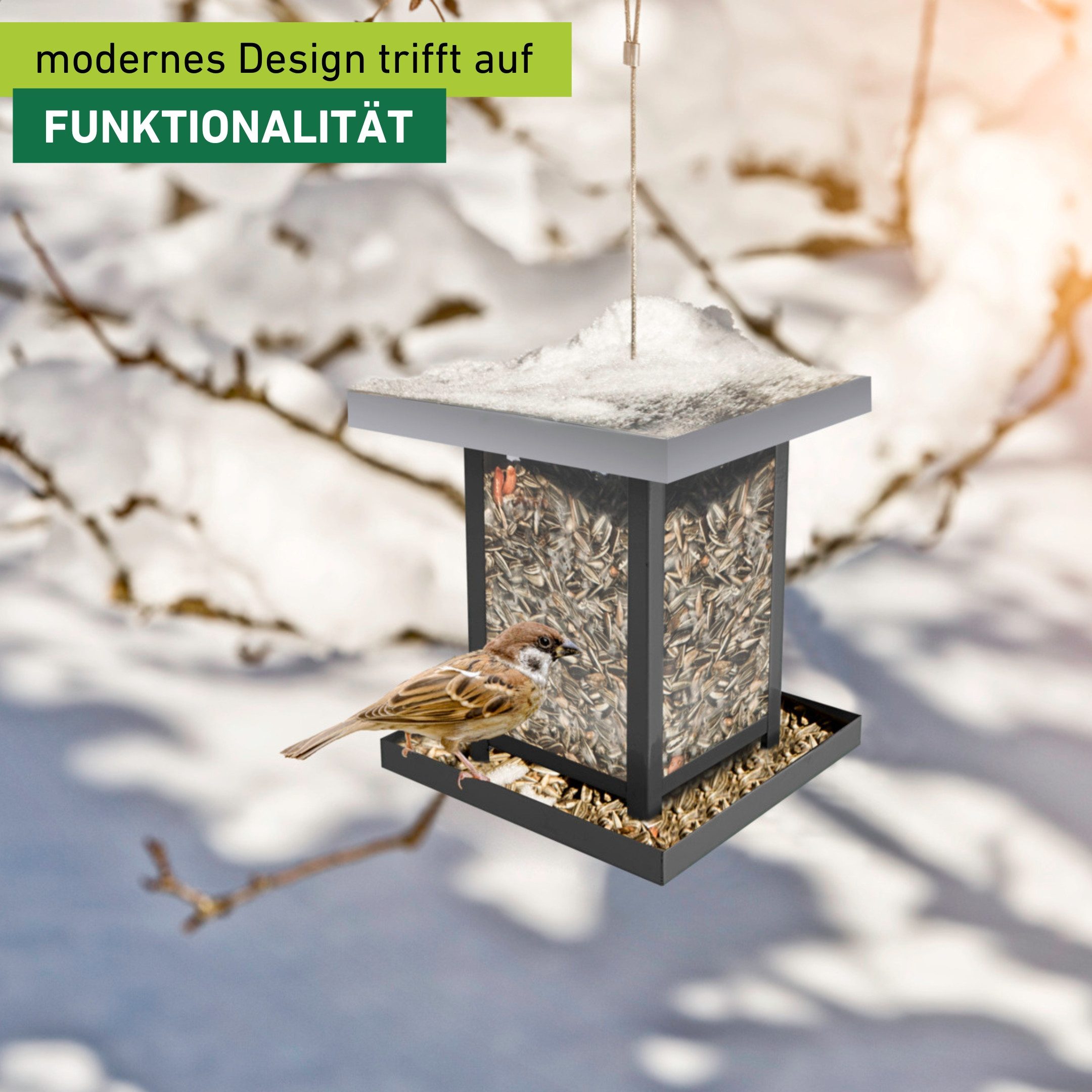 Windhager Futterhaus View, Vogelfutterhaus für Wildvogelarten, witterungsbeständig, Futterstation inkl. Aufhängung, Füllmenge ca. 1,5 L, 16x16x17,5 cm