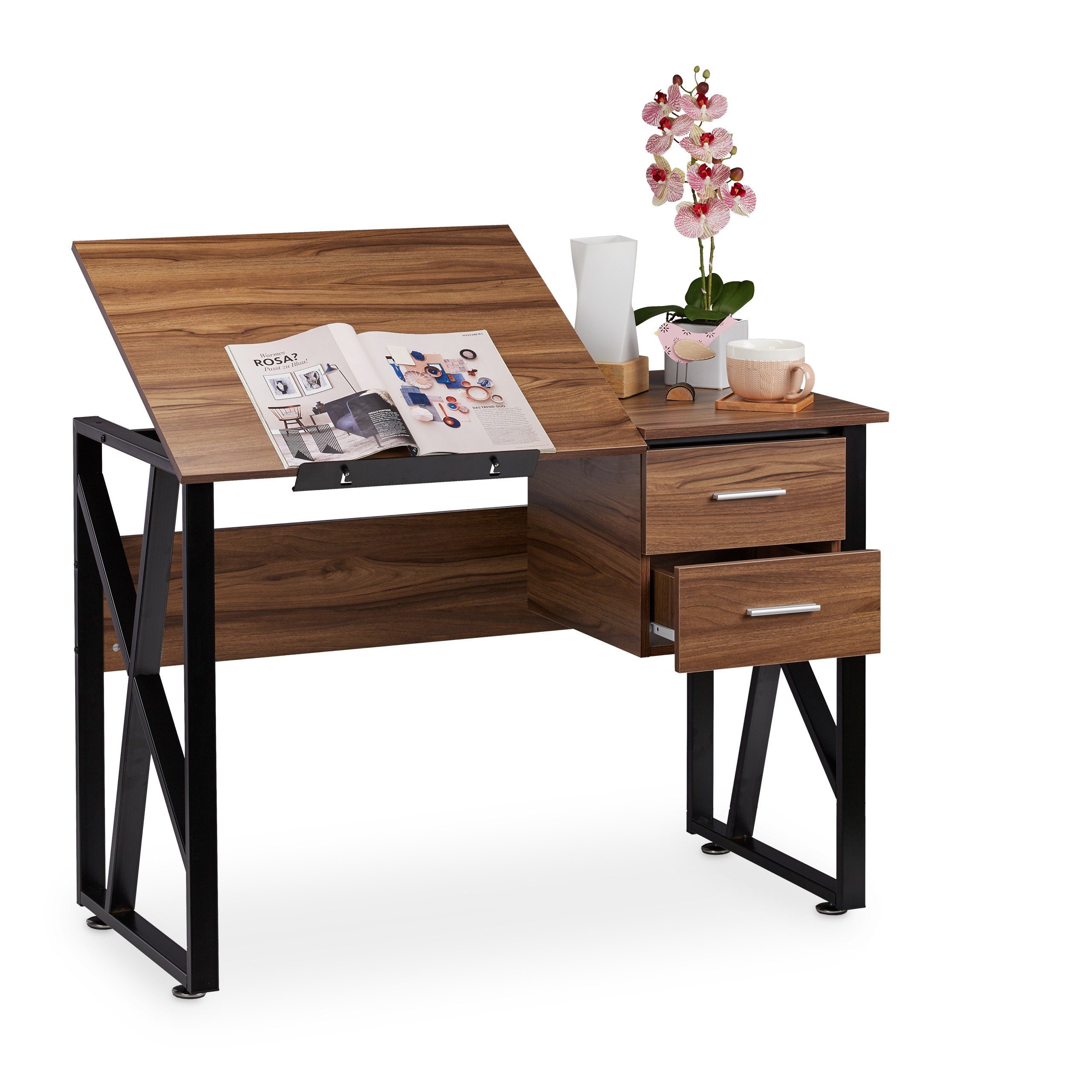 relaxdays Schreibtisch neigbar, Holz / Schwarz