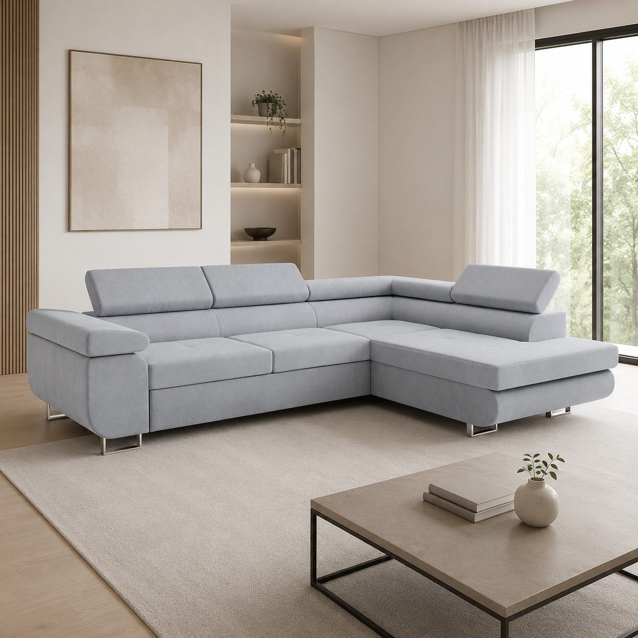 Goldstoff Ecksofa mit Schlaffunktion & Bettkasten - hochwertiges Sofa, Couch mit Schlaffunktion für Wohnzimmer - Schlafsofa - Eckcouch, Eckcouch mit praktischem Bettkasten in grau