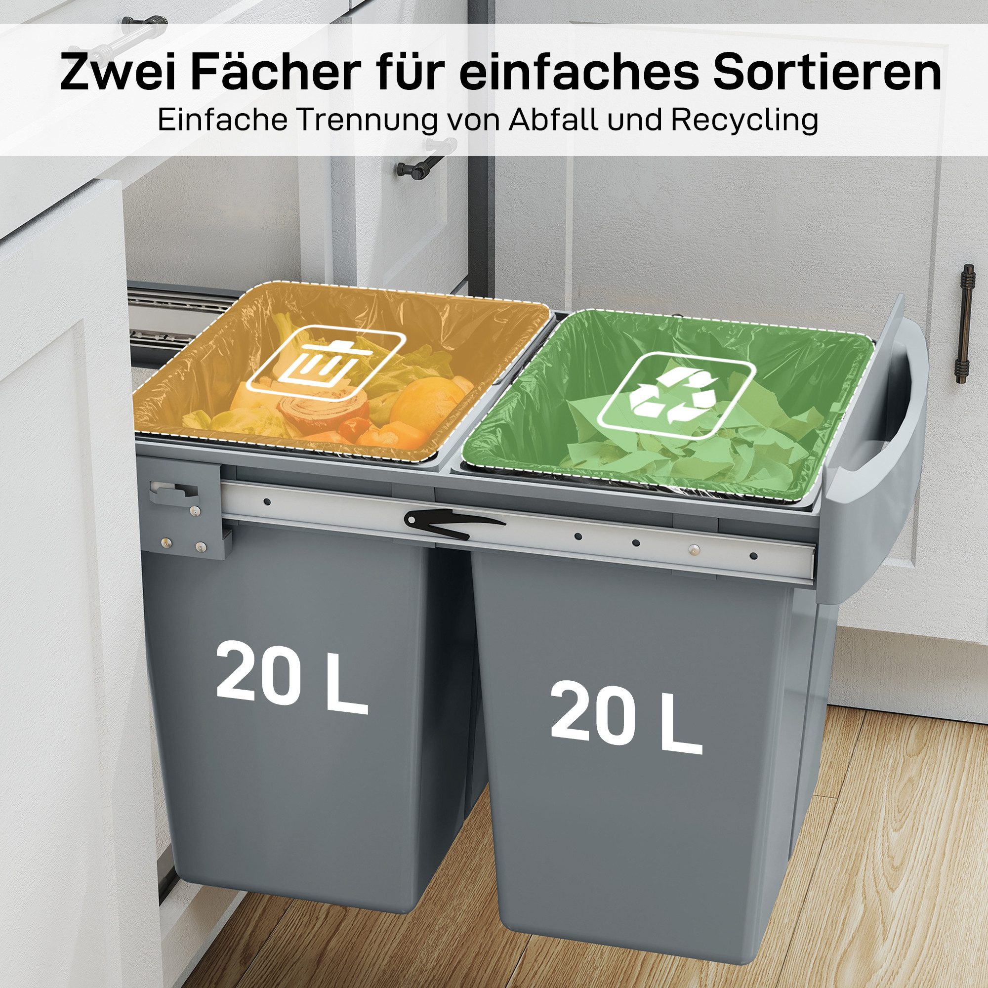 HOMCOM Einbaumülleimer Abfallsammler Ausziehbar 20 L+20 L, 3 herausnehmbaren Fächern, Doppelbehälter, Grau – Bild 5 von 5