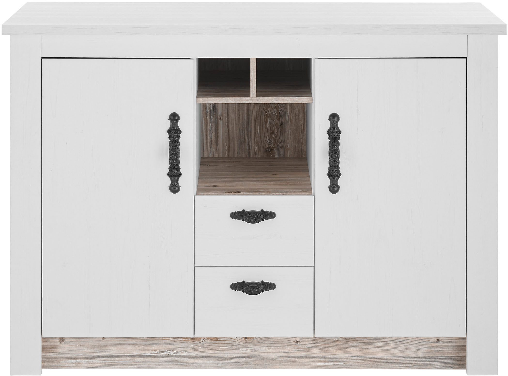 Home affaire Spülenschrank Florenz, Küchenunterschrank in Pinie Weiß, Unterschrank mit verschnörkeltem Metallgriff, im Landhausstil, Arbeitshöhe 92 cm