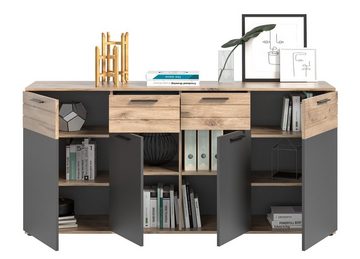 Sideboard Mason (Kommode in Eiche und grau, 3-türig mit 2 Schubladen, 180 x 87 cm), Türen und Schubladen mit Soft-Close