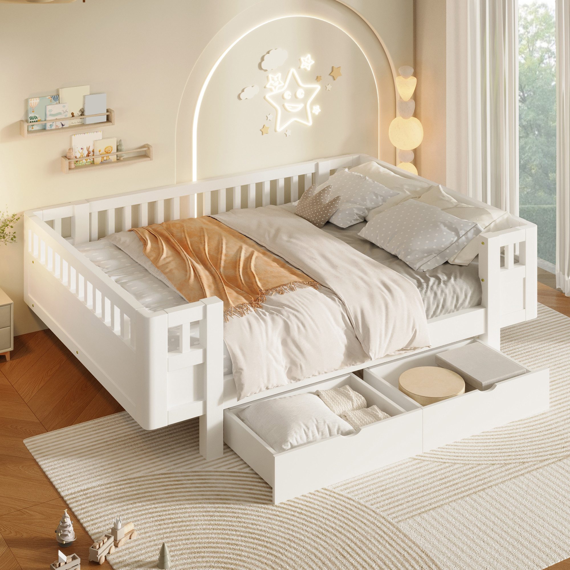 STILVORA Stauraumbett 140×200 mit Stauraum Plattformbett Funktionbett, ohne Matratze (Einzelbett, Massivholz, 2 Schubladen, Schutzgitter, hohe Absturzsicherung, 2 Auszüge, stabil), Für Kinderzimmer, Jugendzimmer, Gästezimmer