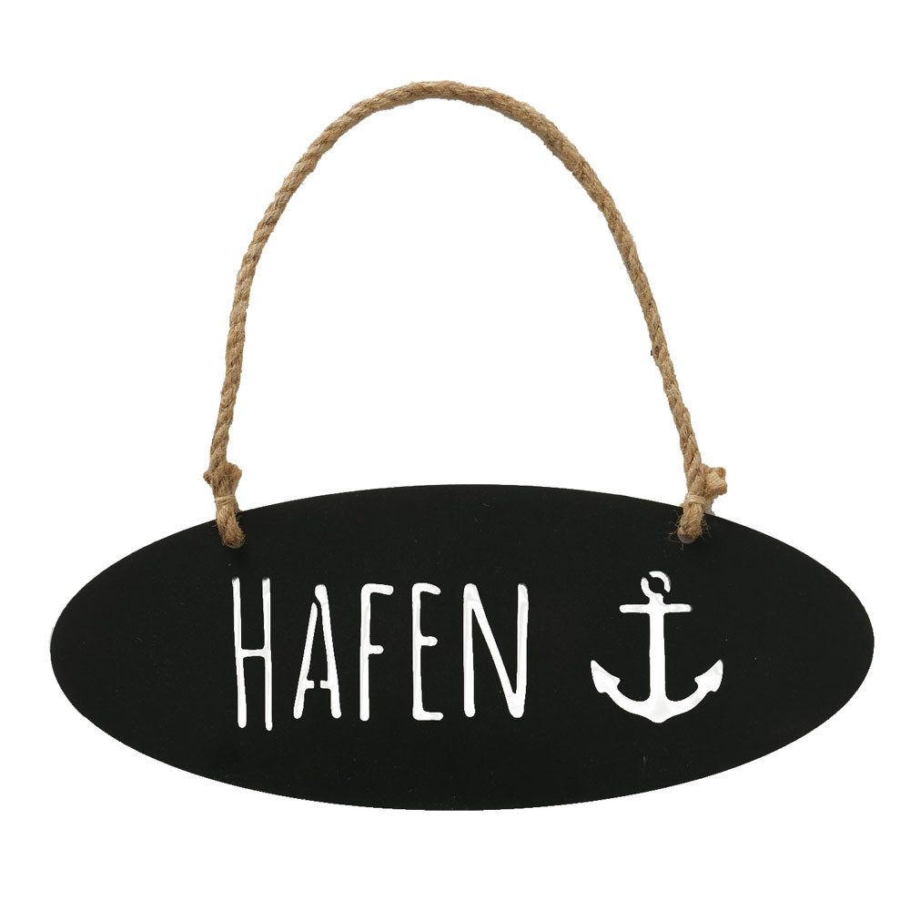 BOLTZE Metallschild Hängeschild HAFEN schwarz natur oval Metallschild mit Juteband Strandh