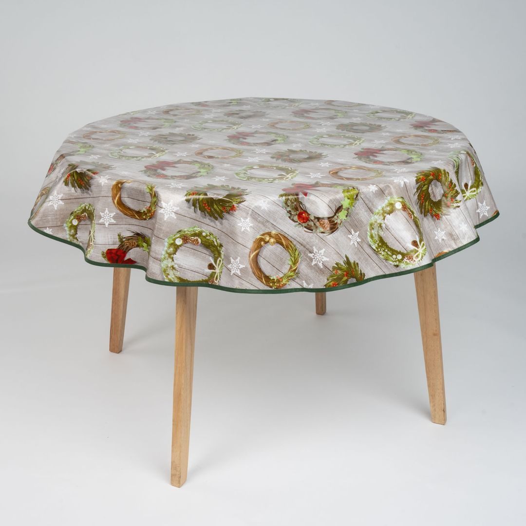 laro Tischdecke 140cm rund Tischdecke mit Saum-Eingefasst Weihnachten Kranz Grau Weiss