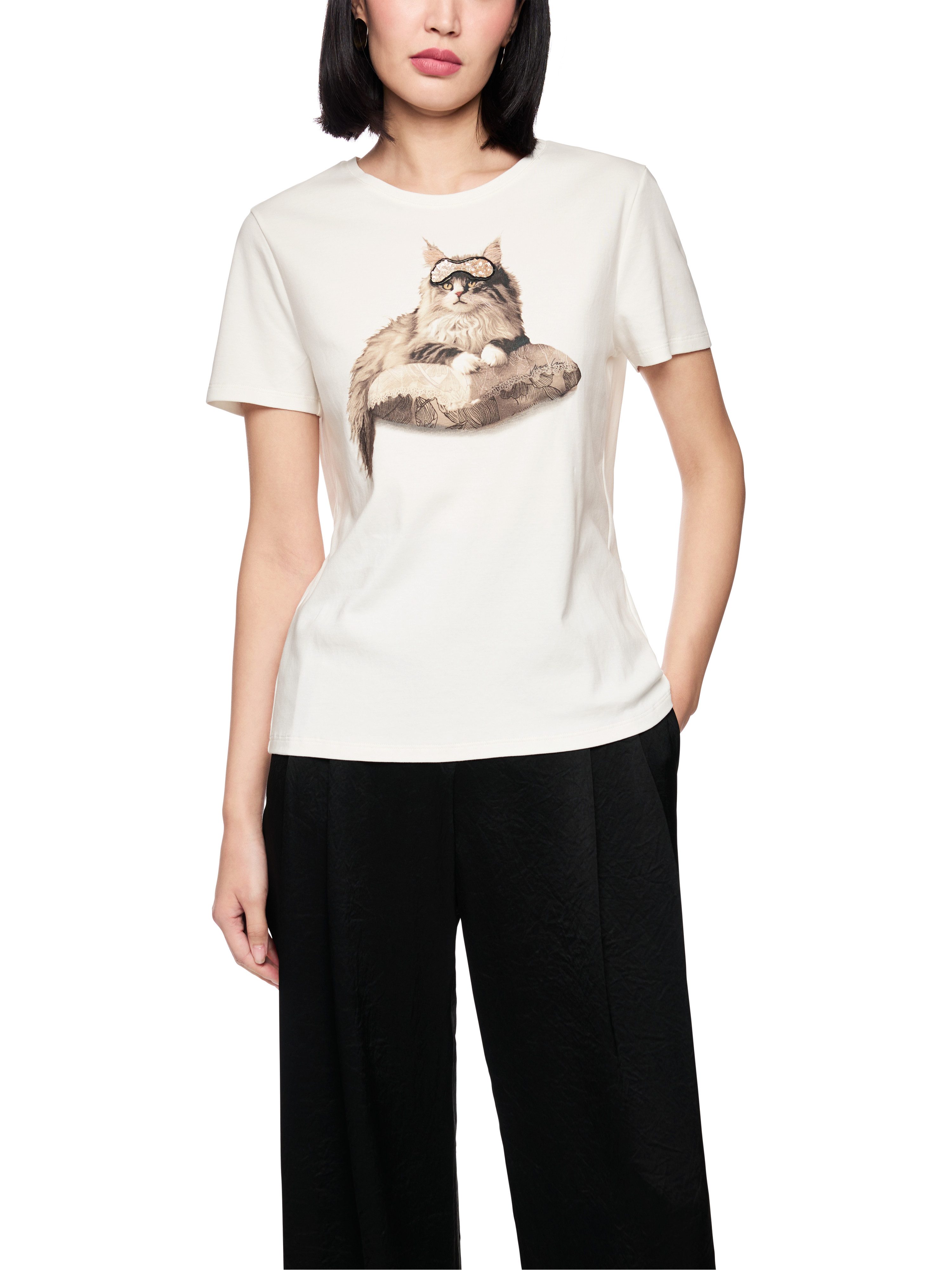 Marc Cain T-Shirt Neutral Affinity Premium Damenmode mit Katzenprint und Details