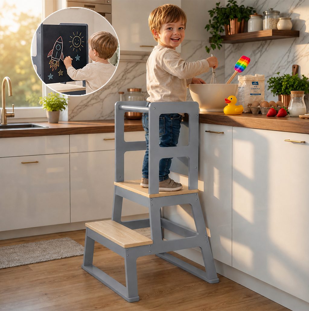 Baby Vivo Stehhilfe Lernturm aus Holz - Mit Tafel in Grau