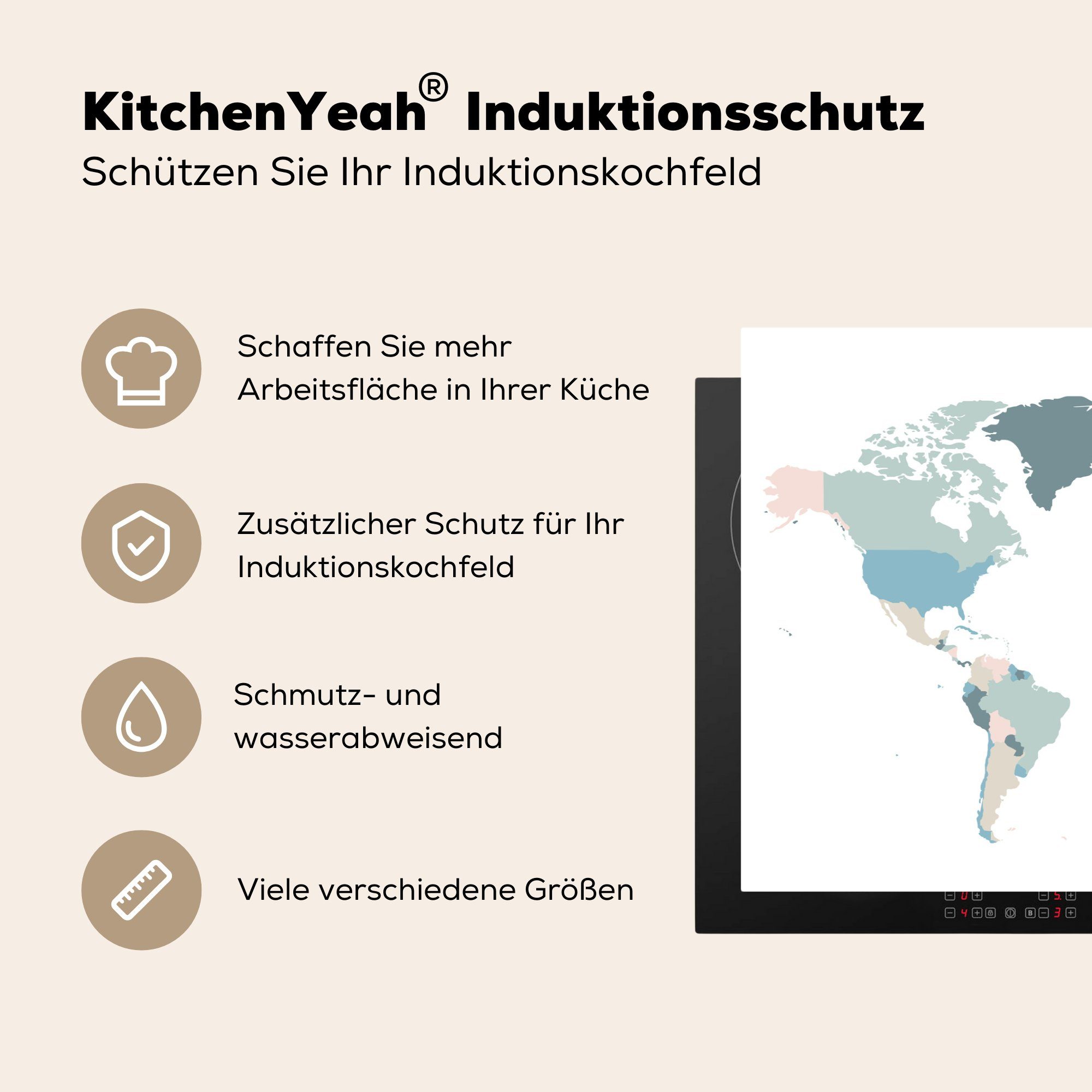 (1 MuchoWow Weltkarte Induktionskochfeld Pastell, 81x52 cm, Einfach Schutz küche, die - Ceranfeldabdeckung Herdblende-/Abdeckplatte - für tlg), Vinyl,