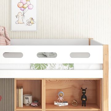 OKWISH Kinderbett mit Stauraum und beweglichem Schrank, Absturzsicherung, Kiefer+MDF (90x200 cm, mit dreistufiger rechtwinkliger Treppe, Bettrahmen aus Massivholz), ohne Matratze