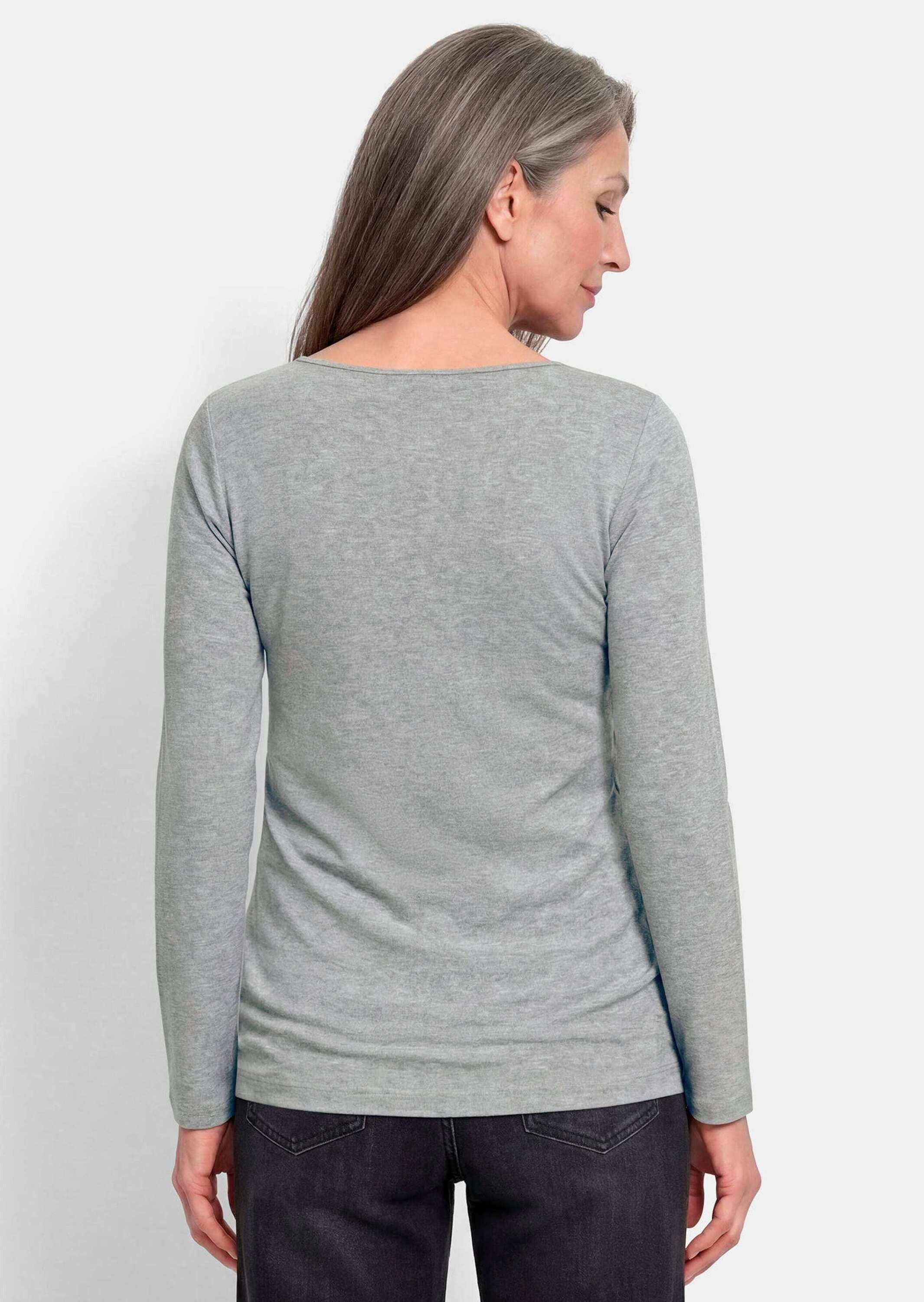 GOLDNER Print-Shirt Kurzgröße: Motivshirt mit Glitzersteinen Langarmshirt aus Viskose-Jersey mit U-Boot-Ausschnitt