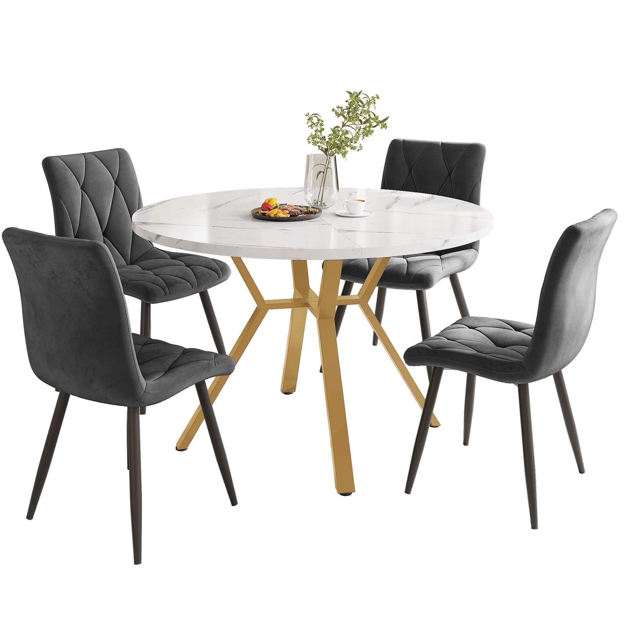 ANYSUN Essgruppe Küchentisch-Set, (5-teilig), Esstisch-Set mit 4 Stühlen, (Set), Modernes, schlichtes, rundes Esstisch- und Stuhlset aus Marmor