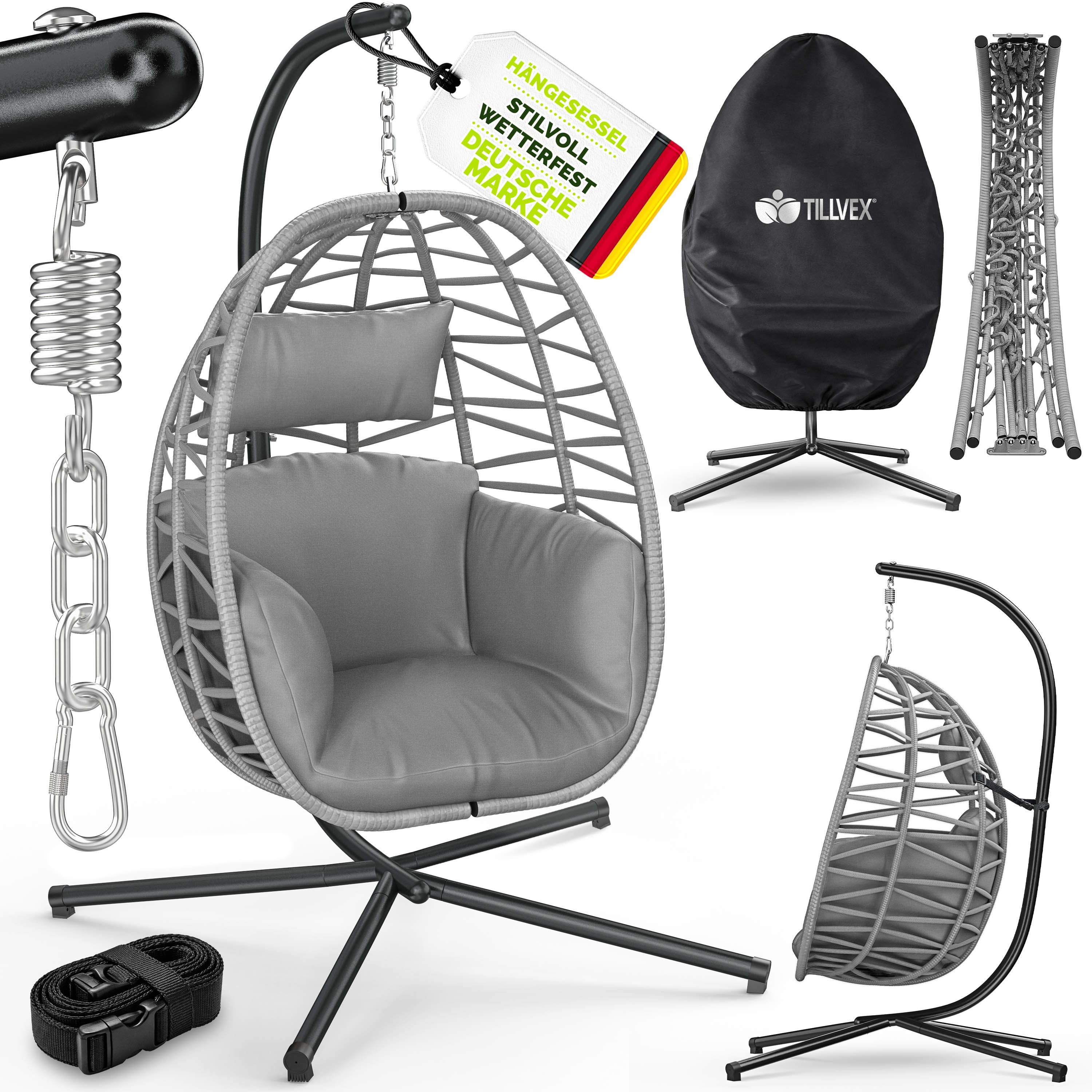 tillvex Hängesessel tillvex® Swivo Hängesessel mit Gestell inkl. wetterfester Abdeckung (Hängekorb klappbar bis 150 kg, Hängesitz aus Rattan, Hängestuhl für Indoor Garten Balkon Terrasse), mit Gestell Outdoor & wetterfester Abdeckung mit Befestigung
