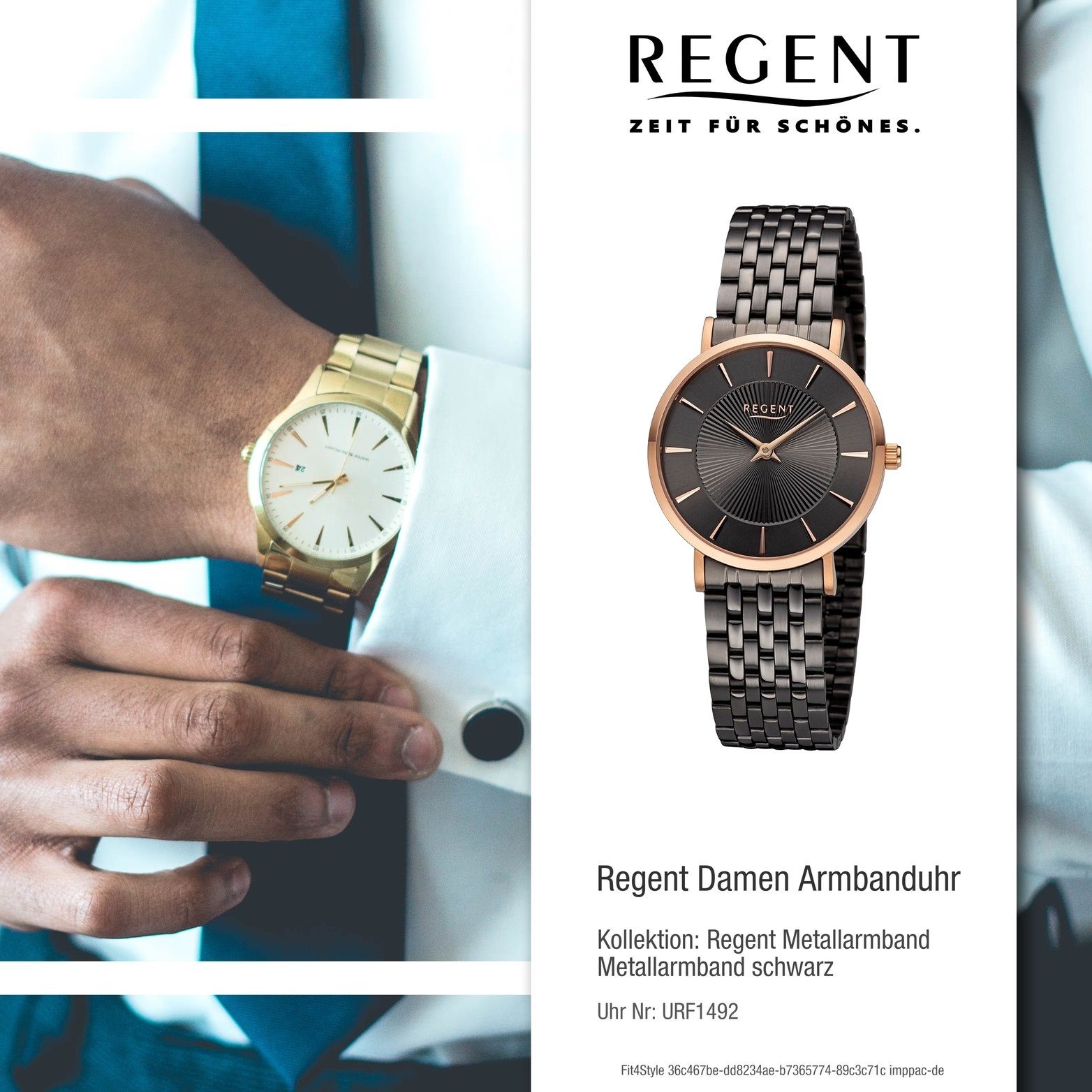Regent Quarzuhr Regent Gehäuse, schwarz, extra Metallarmband rundes groß Analog, 32mm) Damen Armbanduhr Damenuhr (ca