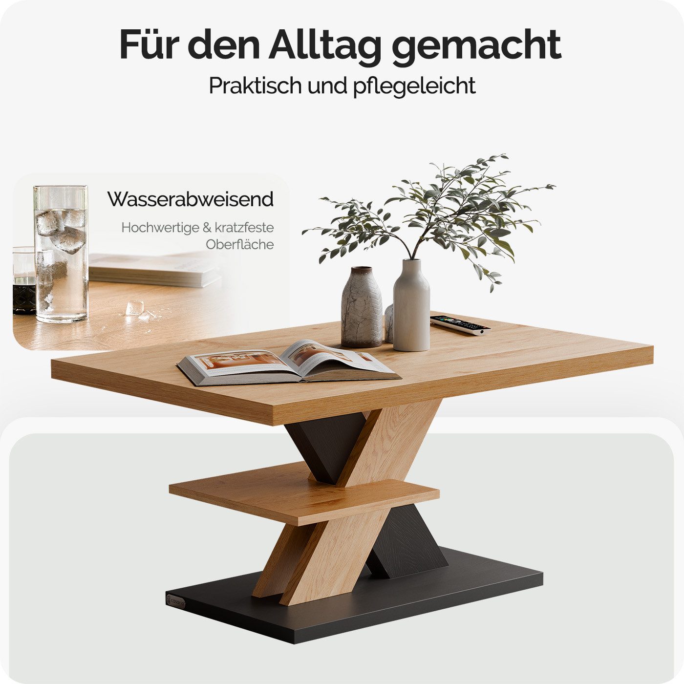 Casaria Couchtisch Detroit, Holz 2 Ablagen 90x60cm Modern Eckig Kratzfest Grau – Bild 4 von 5