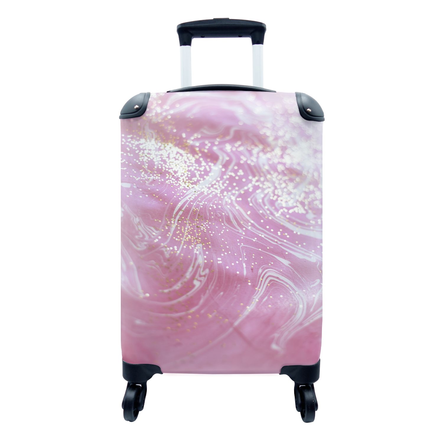 MuchoWow Handgepäckkoffer Marmor - Rosa - Weiß - Glitter, 4 Rollen, Reisetasche mit rollen, Handgepäck für Ferien, Trolley, Reisekoffer
