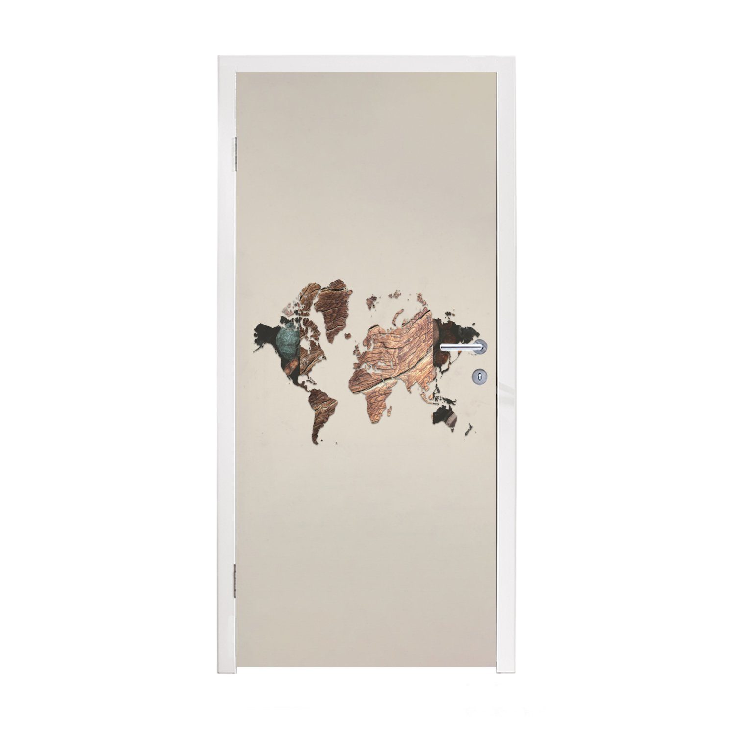 MuchoWow Türtapete Weltkarte - Holz - Braun, Matt, bedruckt, (1 St), Fototapete für Tür, Türaufkleber, 75x205 cm