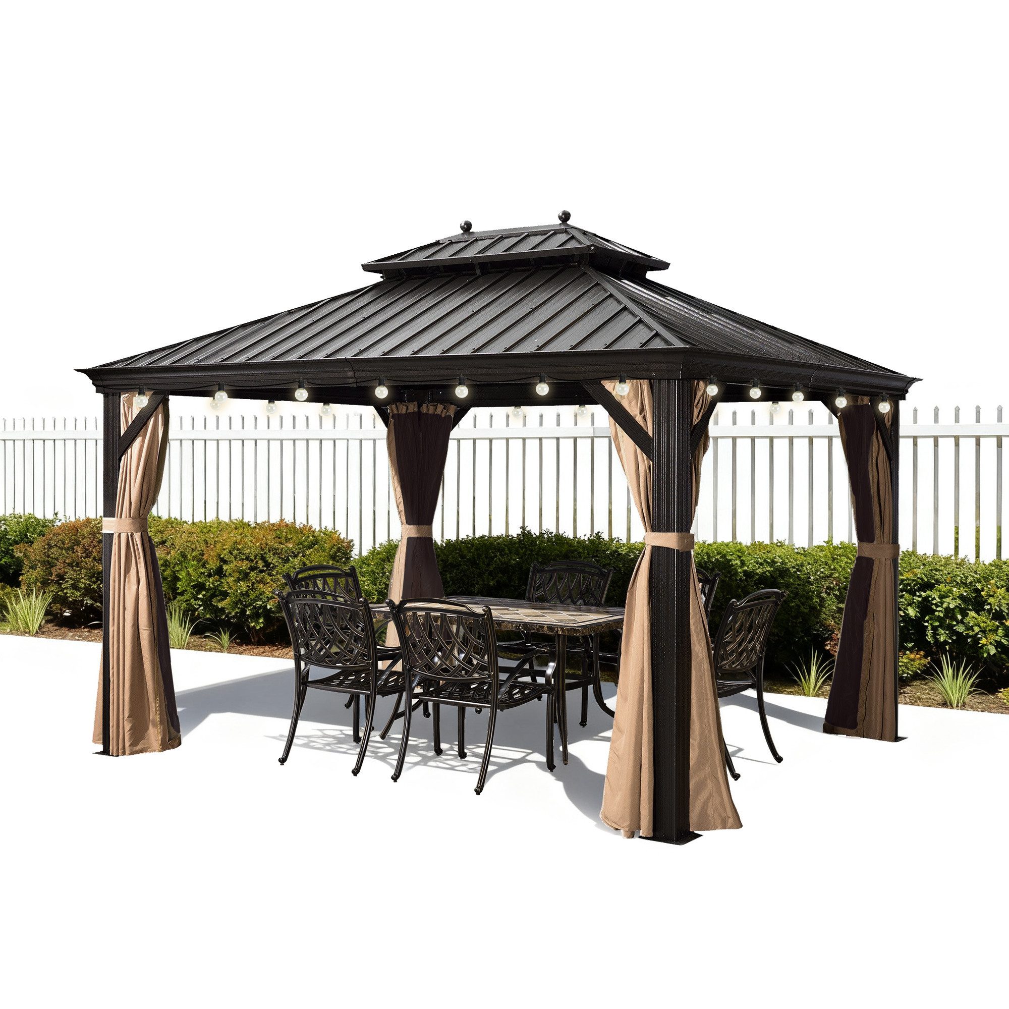 PURPLE LEAF Pavillon Hardtop Alu Gartenpavillon mit Seitenteilen und LED-Beleuchtung, (1 Pavillon + LED-Licht, Vorhängen und Moskitonetz), Wasserdicht, UV-beständig, Privatsphärenschutz