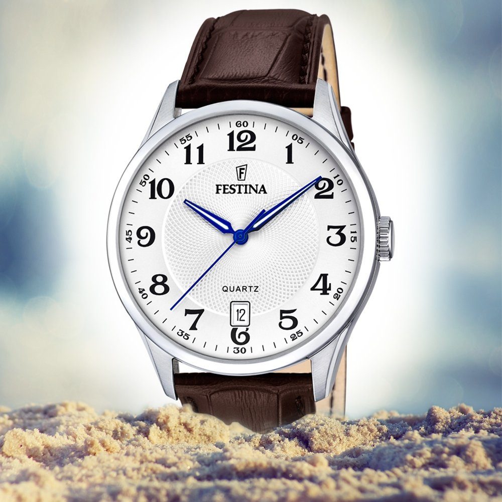 Festina Quarzuhr Festina Herren Uhr F20426/1 Leder, (Analoguhr), Herren Armbanduhr rund, Lederarmband dunkelbraun