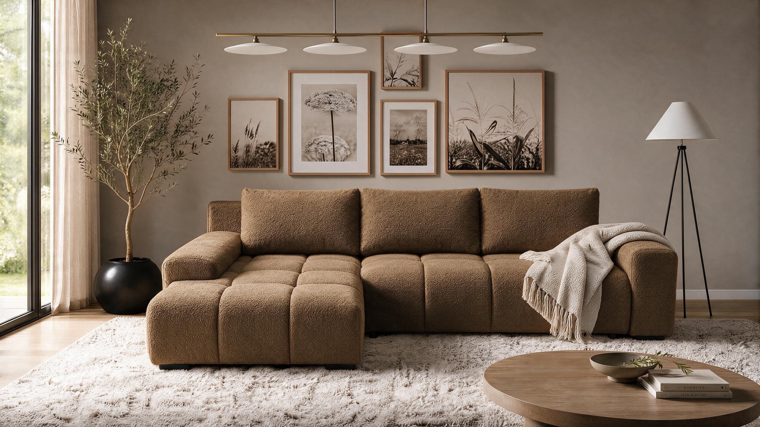storez24 Ecksofa Ovia, mit Bettkasten und Schlaffunktion, Bouclé-Stoff, L-Form, bequem
