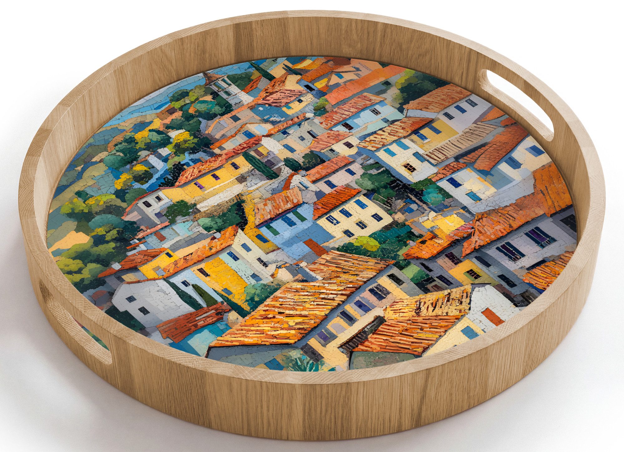 OnlyWow Tablett Rund mit Henkel Dorf - Hügel - Landschaft - Bäume, Eichenholz, (1-tlg), Siervierplatte, Tray, Frühstücksbrett
