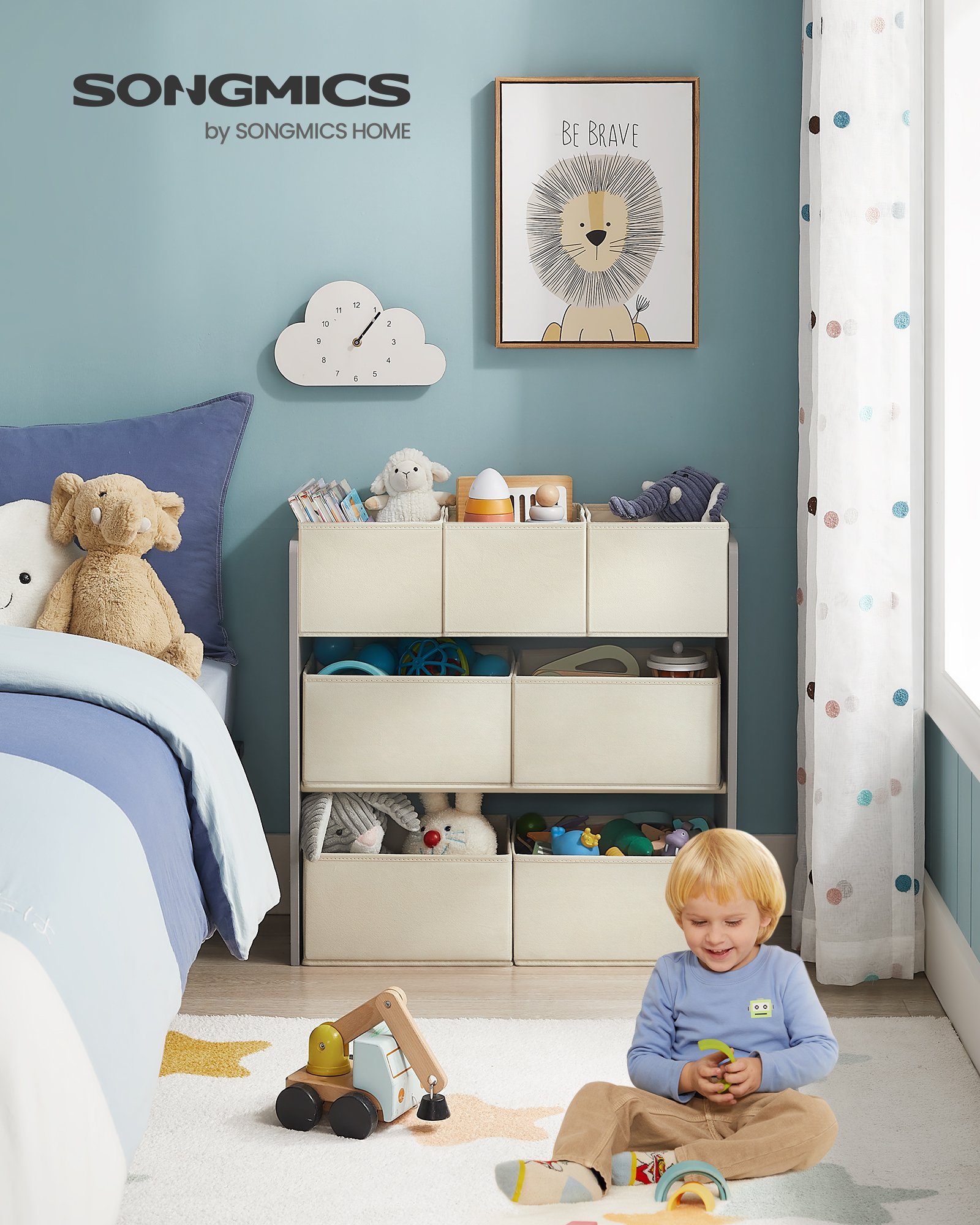 SONGMICS Spielzeugtruhe Kinderregal Bücherregal Kinder, mit 7 Aufbewahrungsboxen aus Vliesstoff, mit Kippschutz