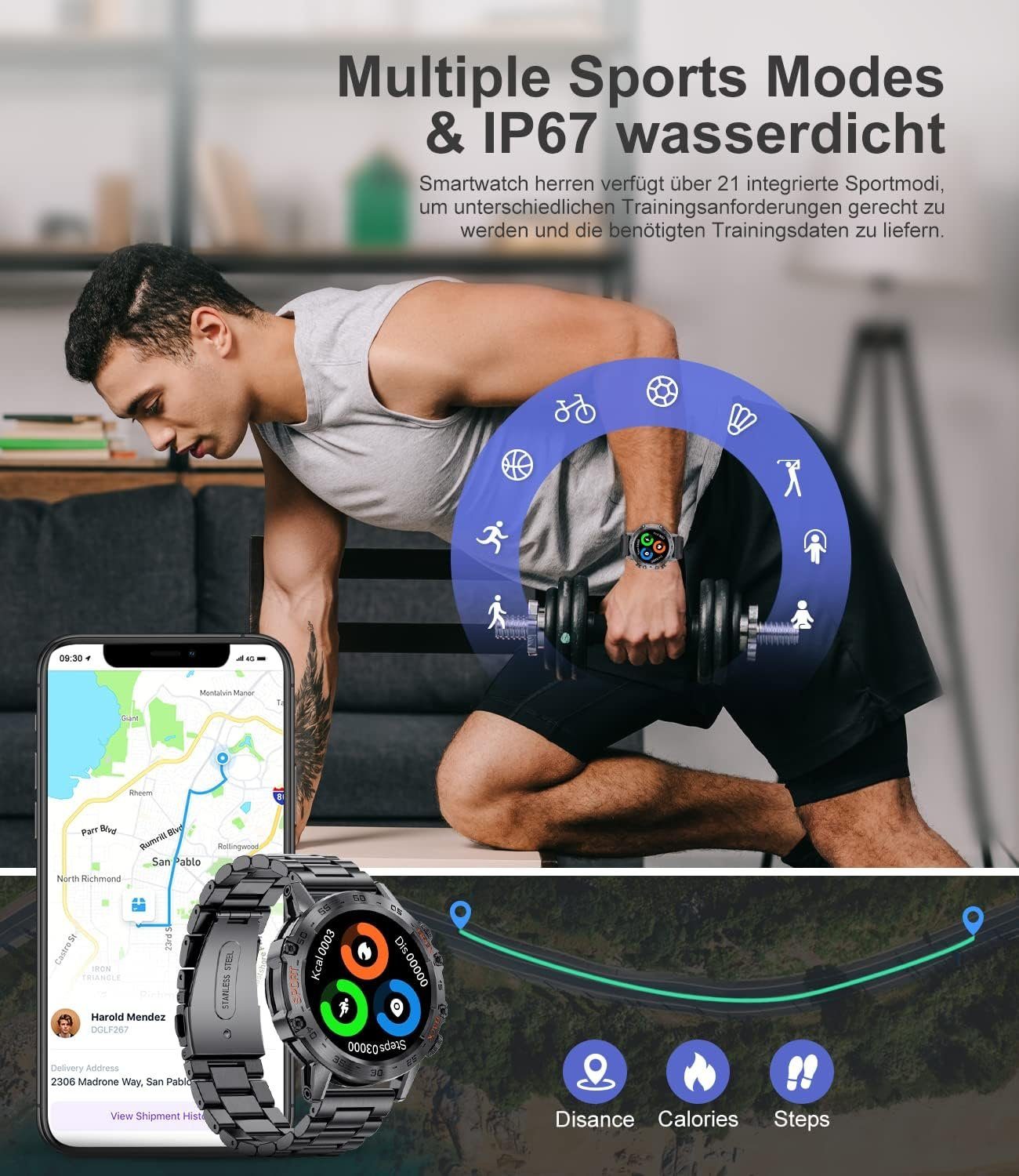 (1,39 Akku Sportuhr Sportmodi 400mAh Smartwatch Lige iOS), mit 100 Android SpO2 Militär Zoll, Telefonfunktion