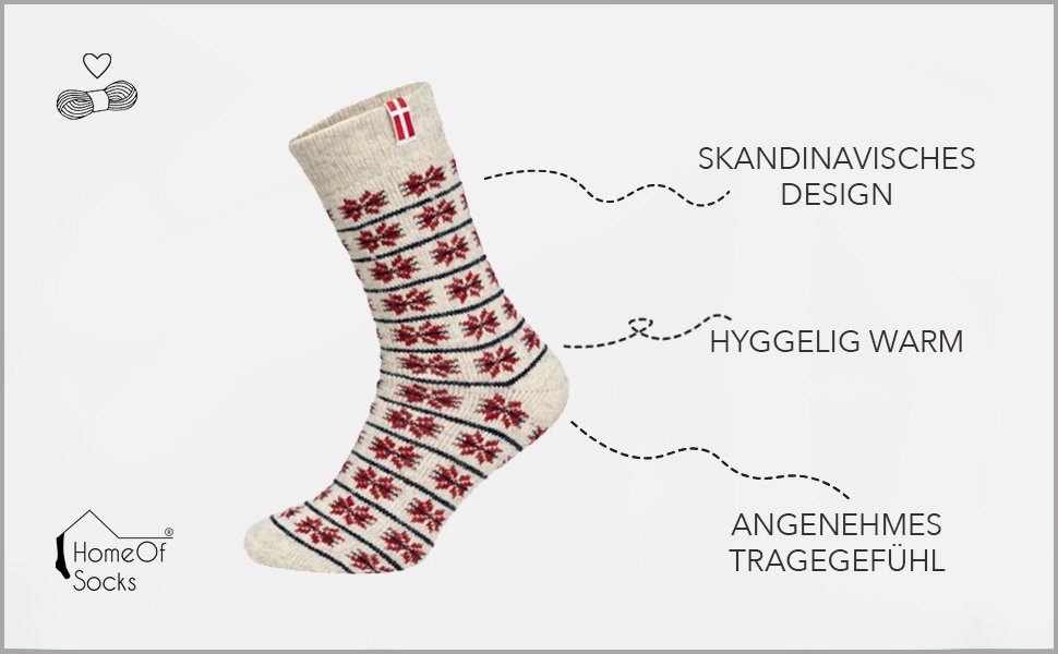 und Wollsocke strapazierfähige dicke Norwegersocken Nordic Skandinavische Dänemark Rot mit 80% "Dänemark" Aus hohem Kuschelsocken Wolle Wollanteil HomeOfSocks Design Socken